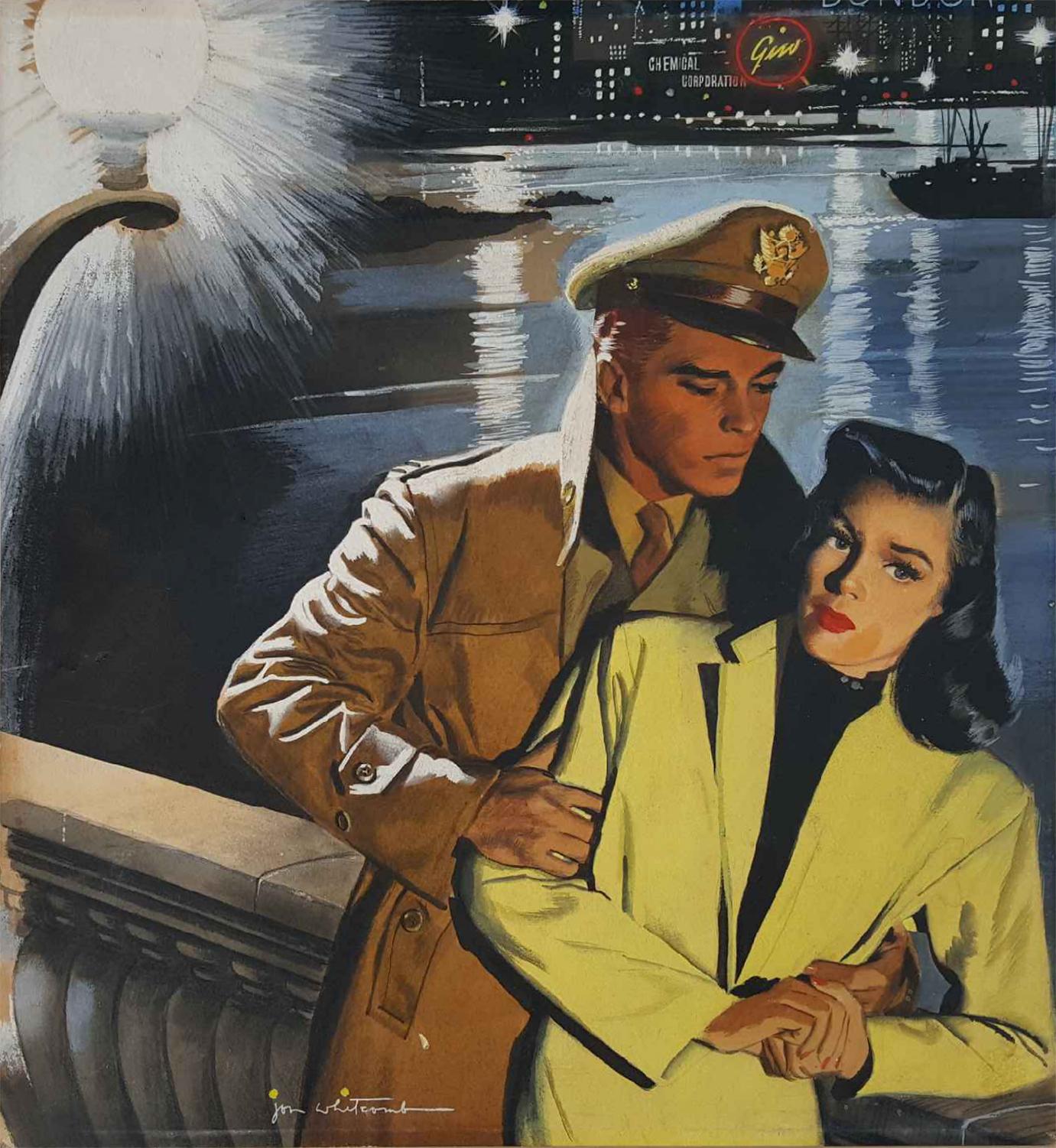 Jon Whitcomb Figurative Painting – Während des Krieges,  Lovers in einem beunruhigenden Moment . Hübsche Männer und schöne Frauen.