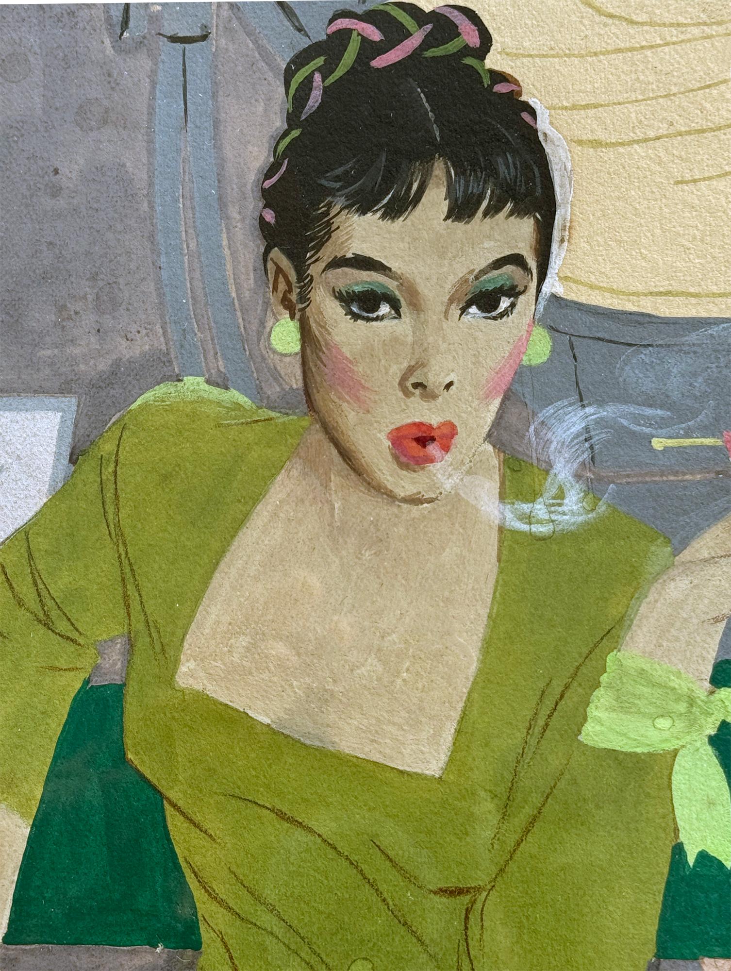 En una imagen se retrata una historia compleja. 
El ilustrador de Glamour americano Jon Whitcomb interpreta una historia de Cosmopolitan de mediados de siglo sobre una bella actriz rubia que, en el plató, parece dividida entre el trabajo y la