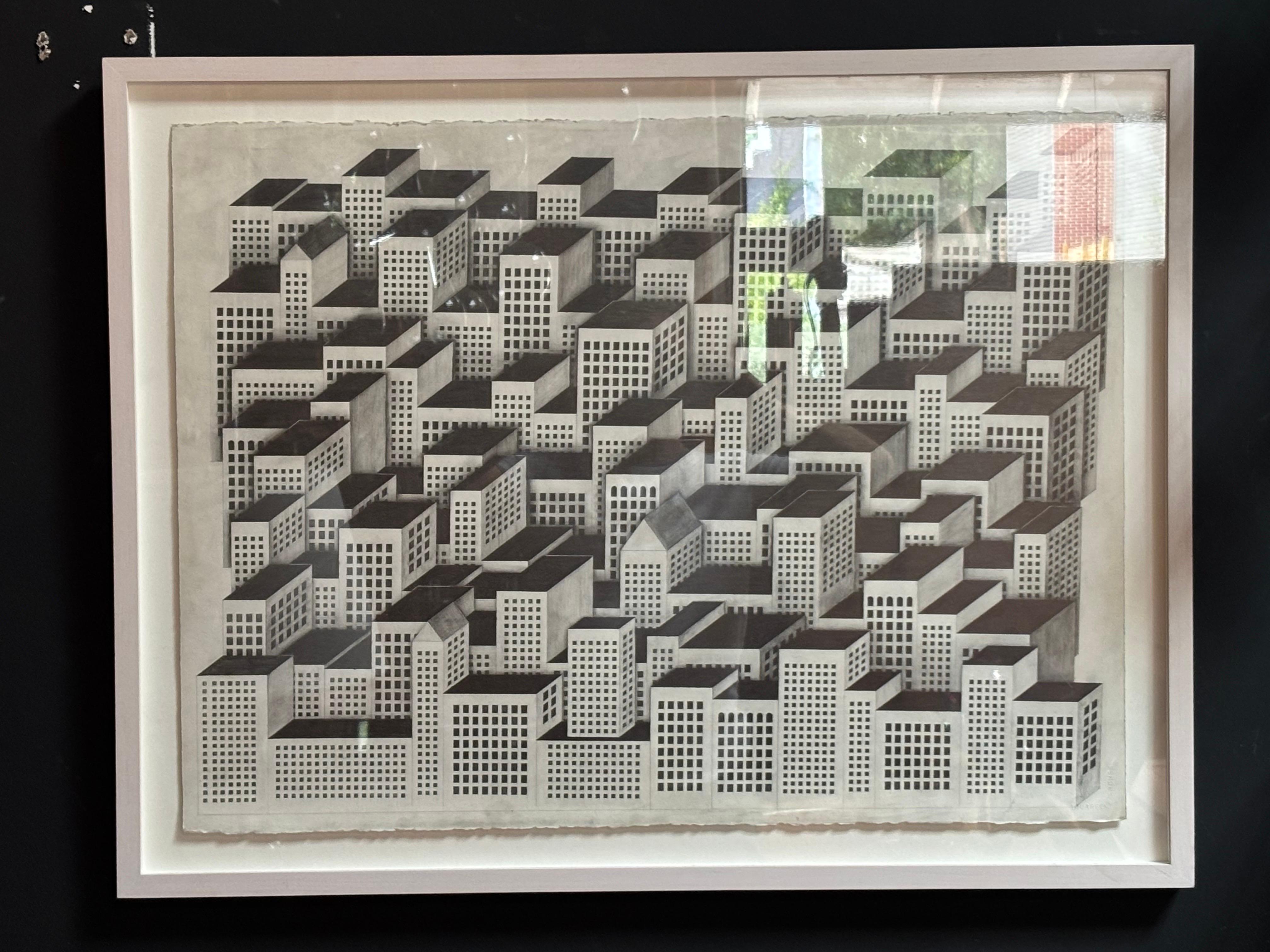 Jon Widman Graphite on Paper Cityscape.  Signed and dated bottom right corner J.W. 00.  Widman grew up in the Philadelphia Area and now lives in Brooklyn.  I have several pieces listed currently from the late 1990's and early 2000's