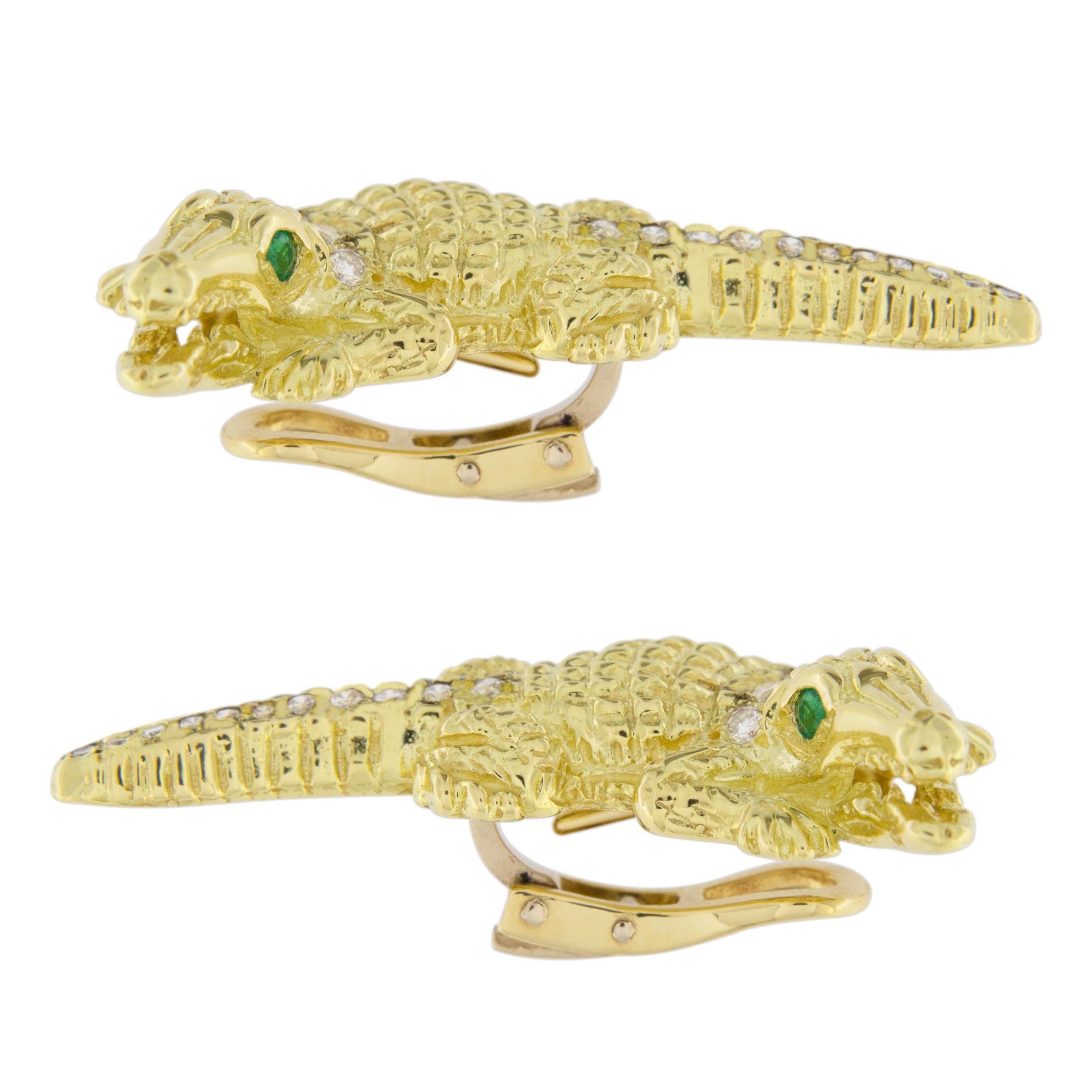 Alex Jona Alligator 18 Karat Yellow Gold White Diamond Emerald Clip-On Earrings 1