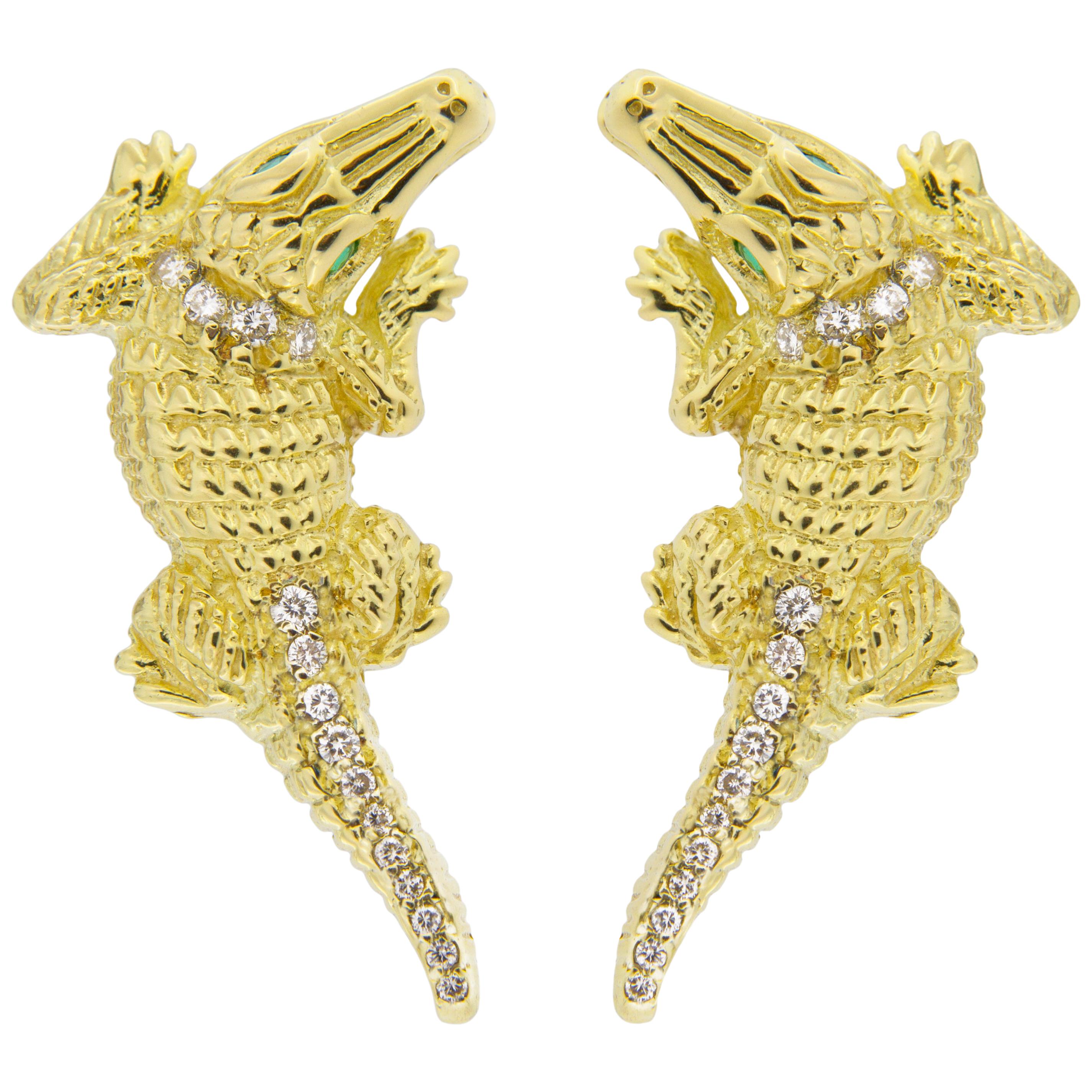 Alex Jona Alligator 18 Karat Yellow Gold White Diamond Emerald Clip-On Earrings