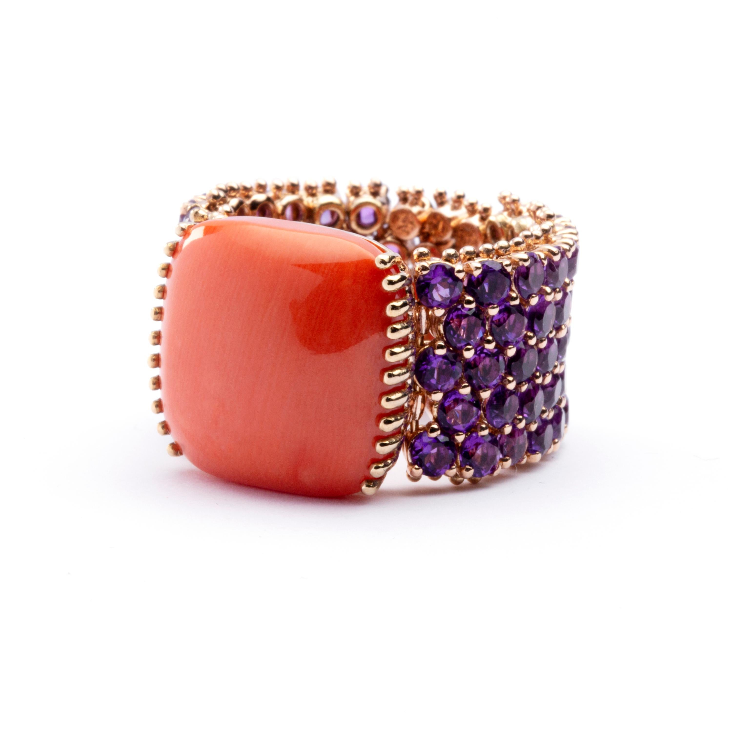 Cushion Cut Alex Jona Amethyst and Mediterranean Coral 18 Karat Rose Gold Band Ring