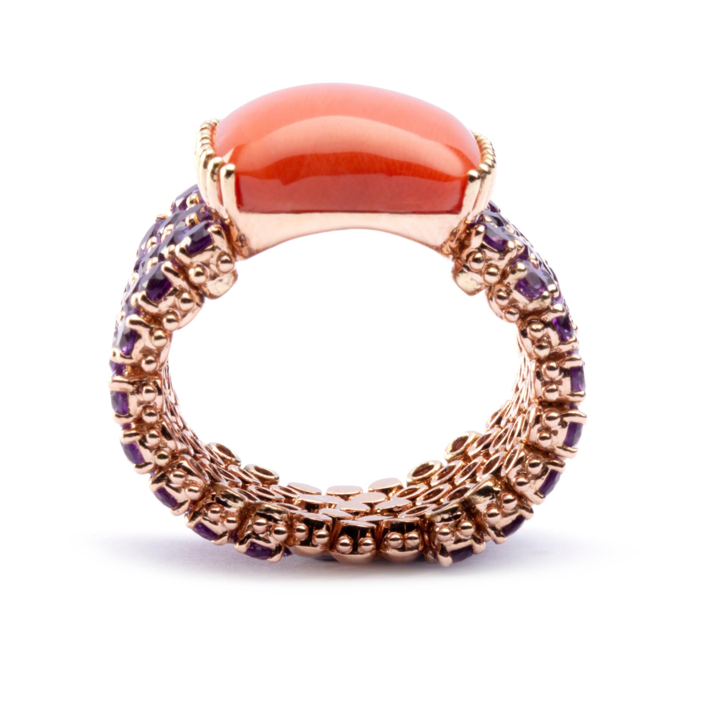 Alex Jona Amethyst and Mediterranean Coral 18 Karat Rose Gold Band Ring In New Condition In Torino, IT