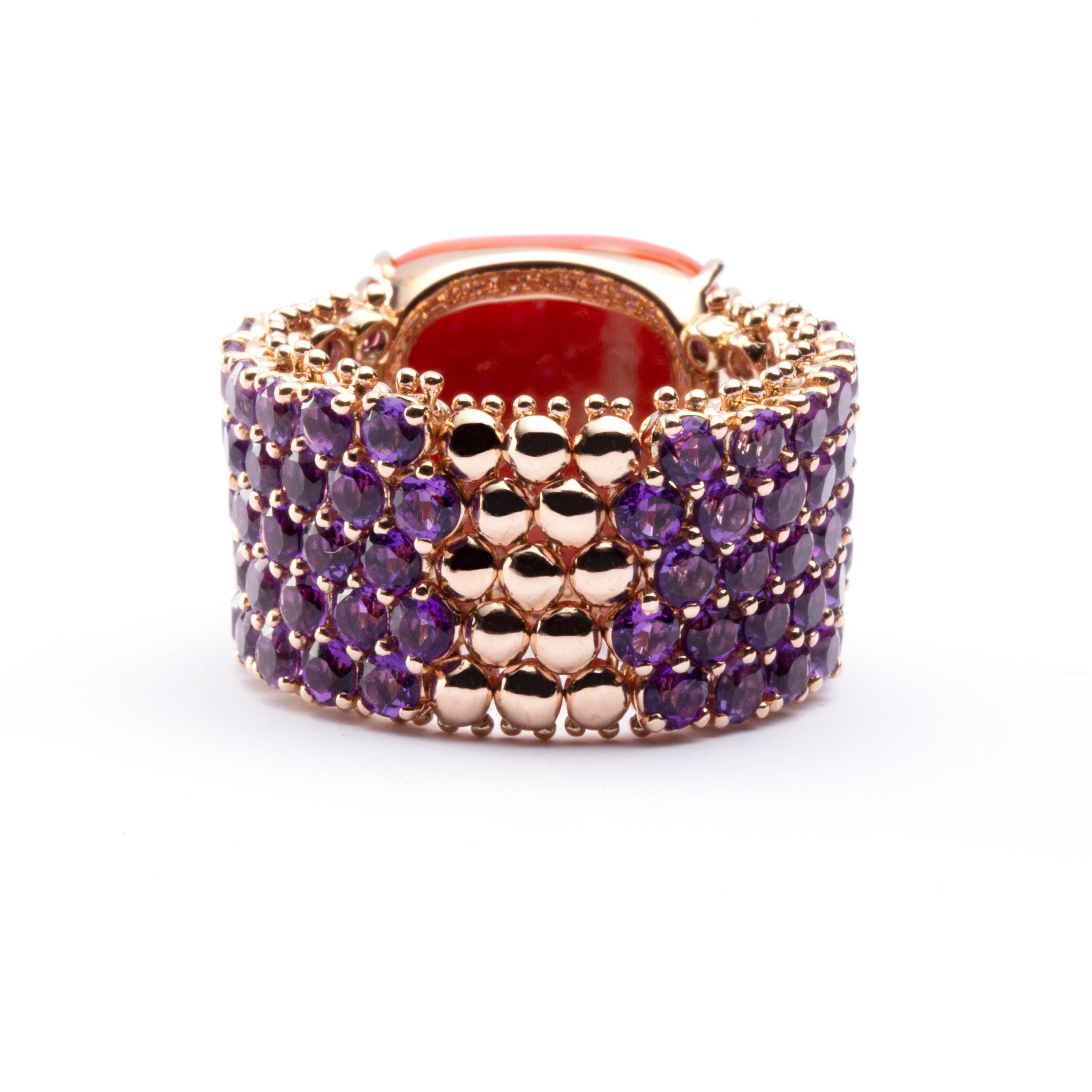 Women's Alex Jona Amethyst and Mediterranean Coral 18 Karat Rose Gold Band Ring