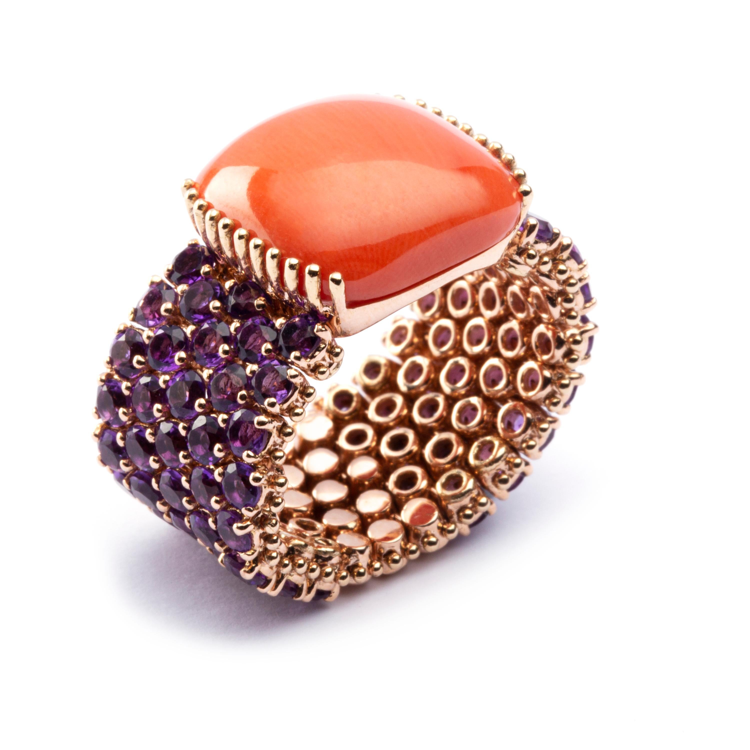 Alex Jona Amethyst and Mediterranean Coral 18 Karat Rose Gold Band Ring 1