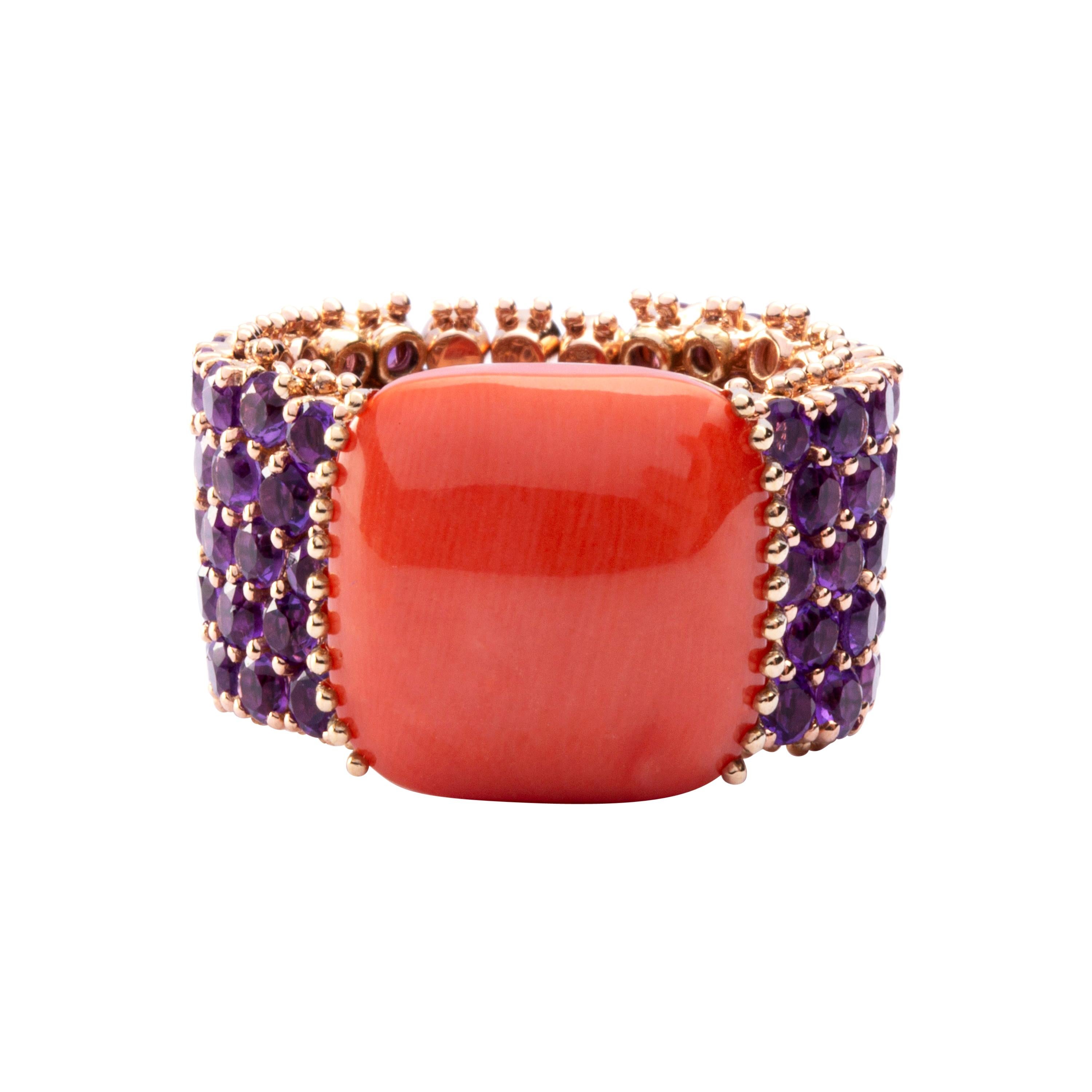 Alex Jona Amethyst and Mediterranean Coral 18 Karat Rose Gold Band Ring