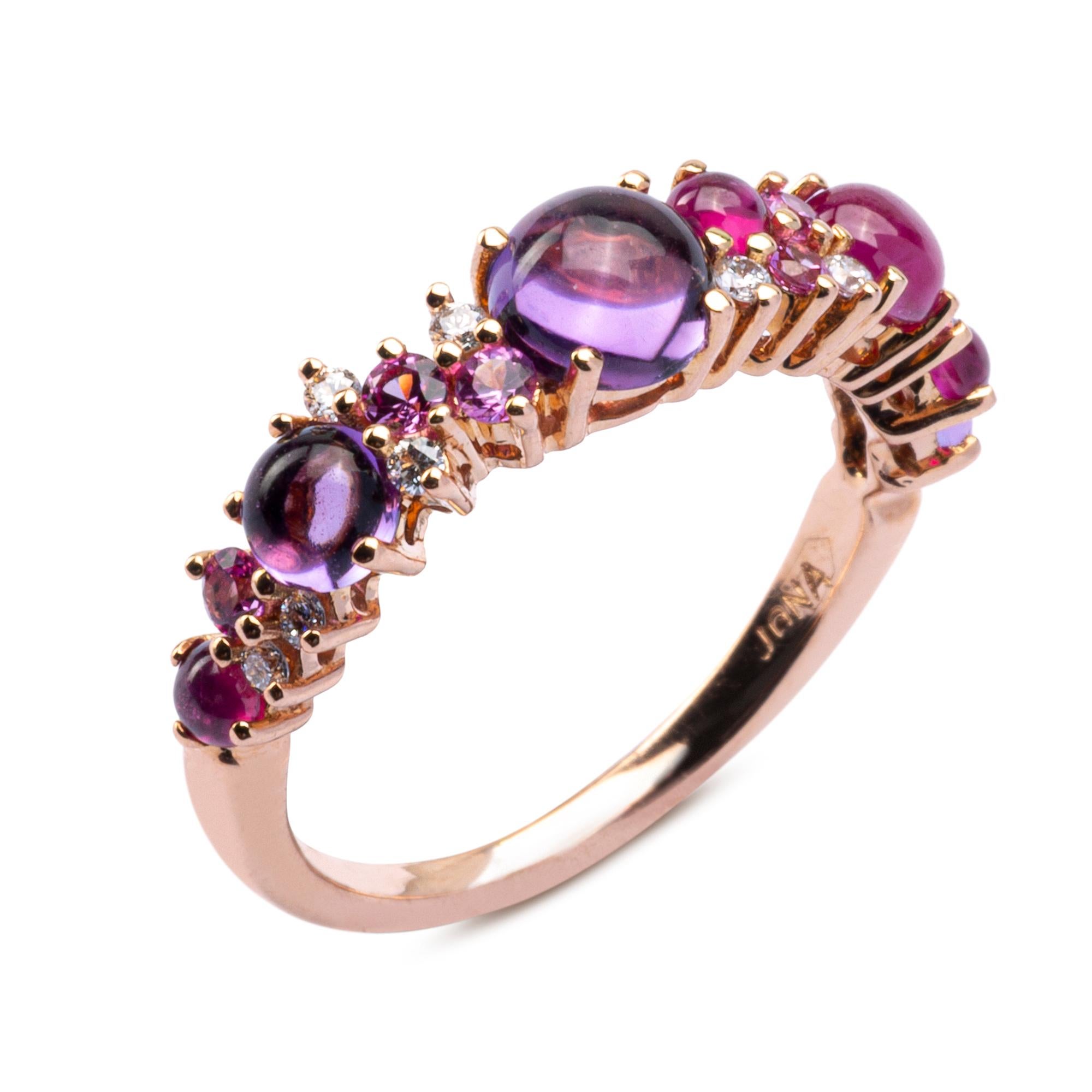 Jona design collection, hand crafted in Italy, 18 Karat rose gold ring band, set with, cabochon rubies, cabochon amethysts, pink sapphires and 0.12 carats of white diamonds. Size: US 6/ EU 12. Can be sized to any specification.
All Jona jewelry is