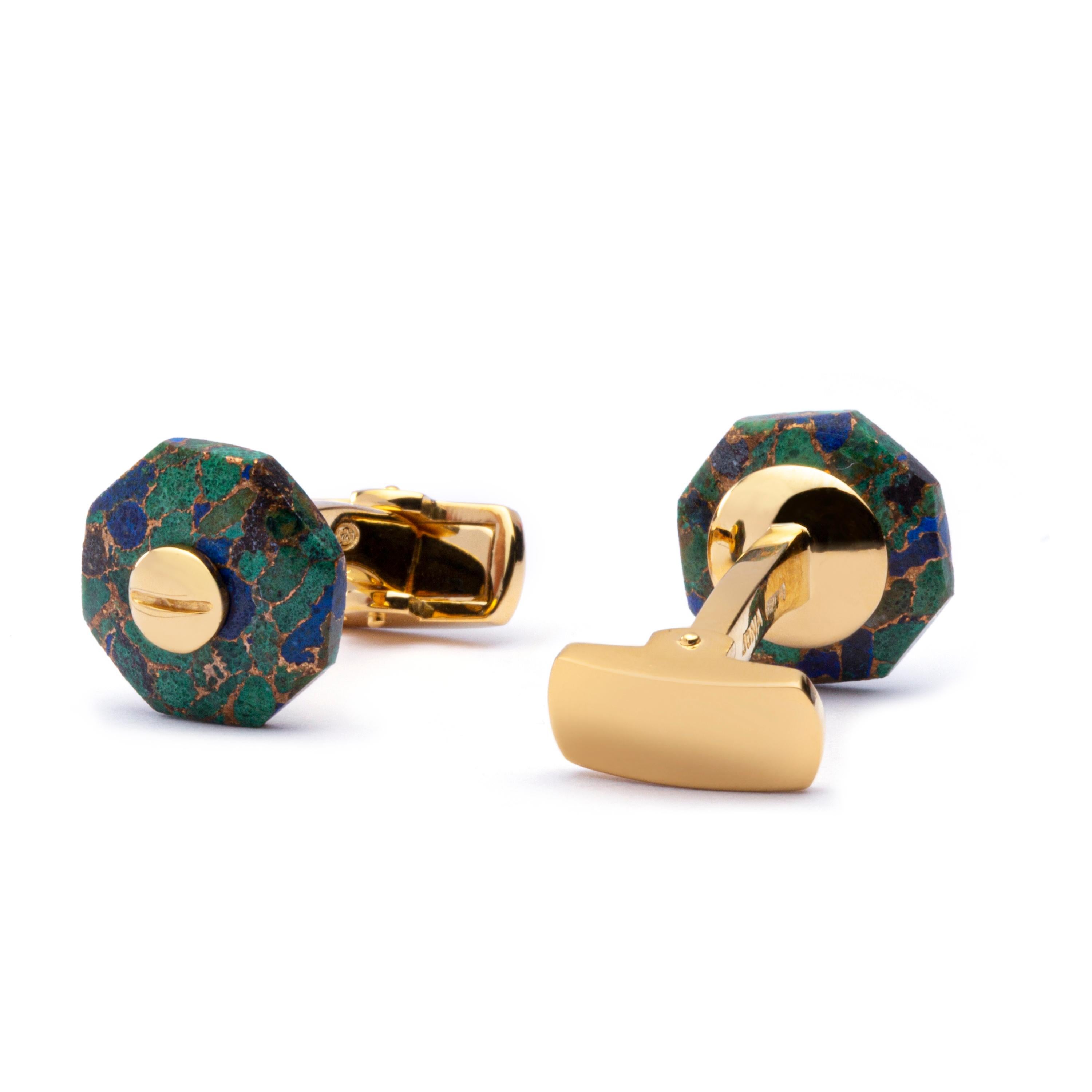 Alex Jona Azurite Sterling Silver Gold-Plated Octagonal Cufflinks In New Condition In Torino, IT