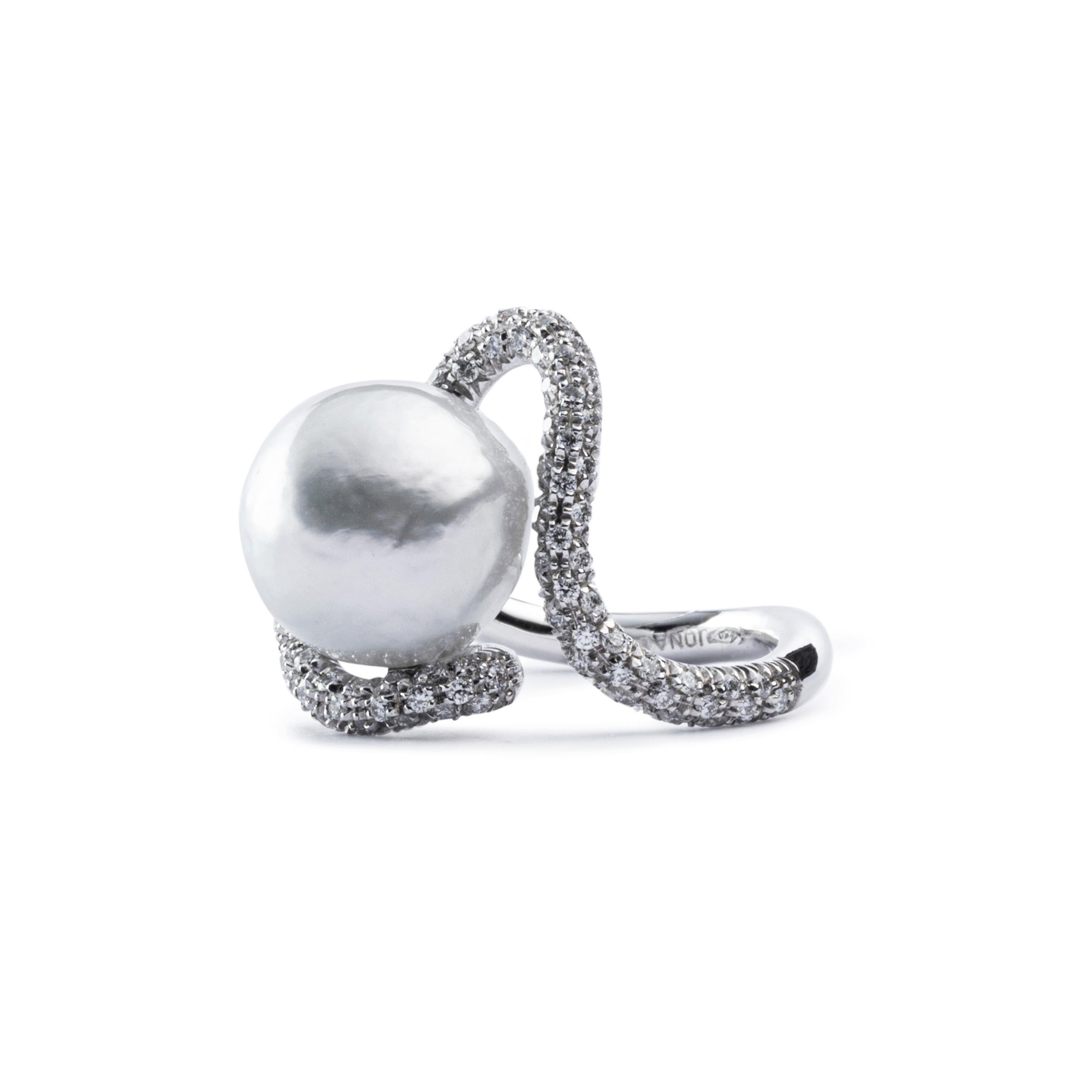 Jona Baroque South Sea Pearl White Diamond 18 Karat White Gold Ring 1