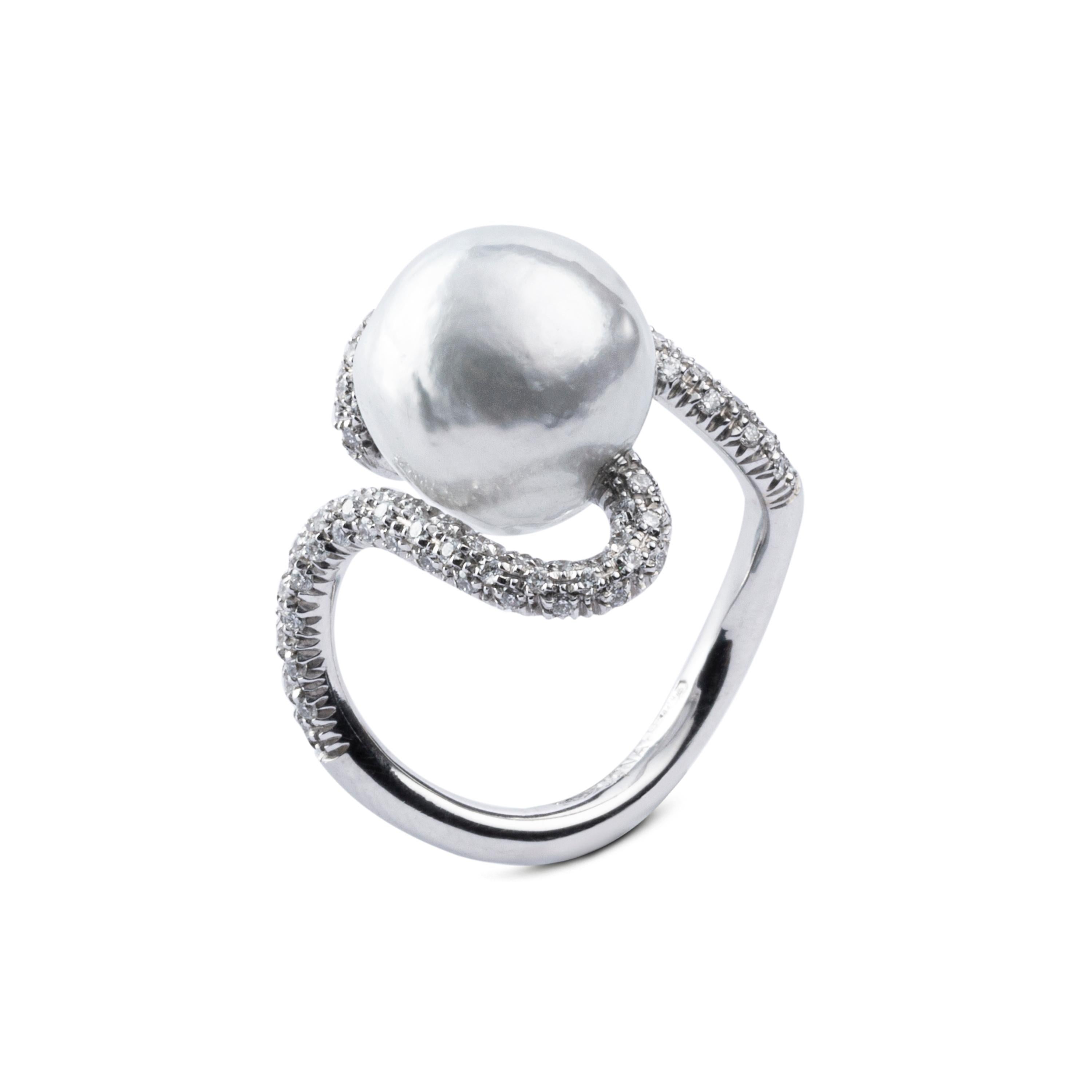Jona Baroque South Sea Pearl White Diamond 18 Karat White Gold Ring 3