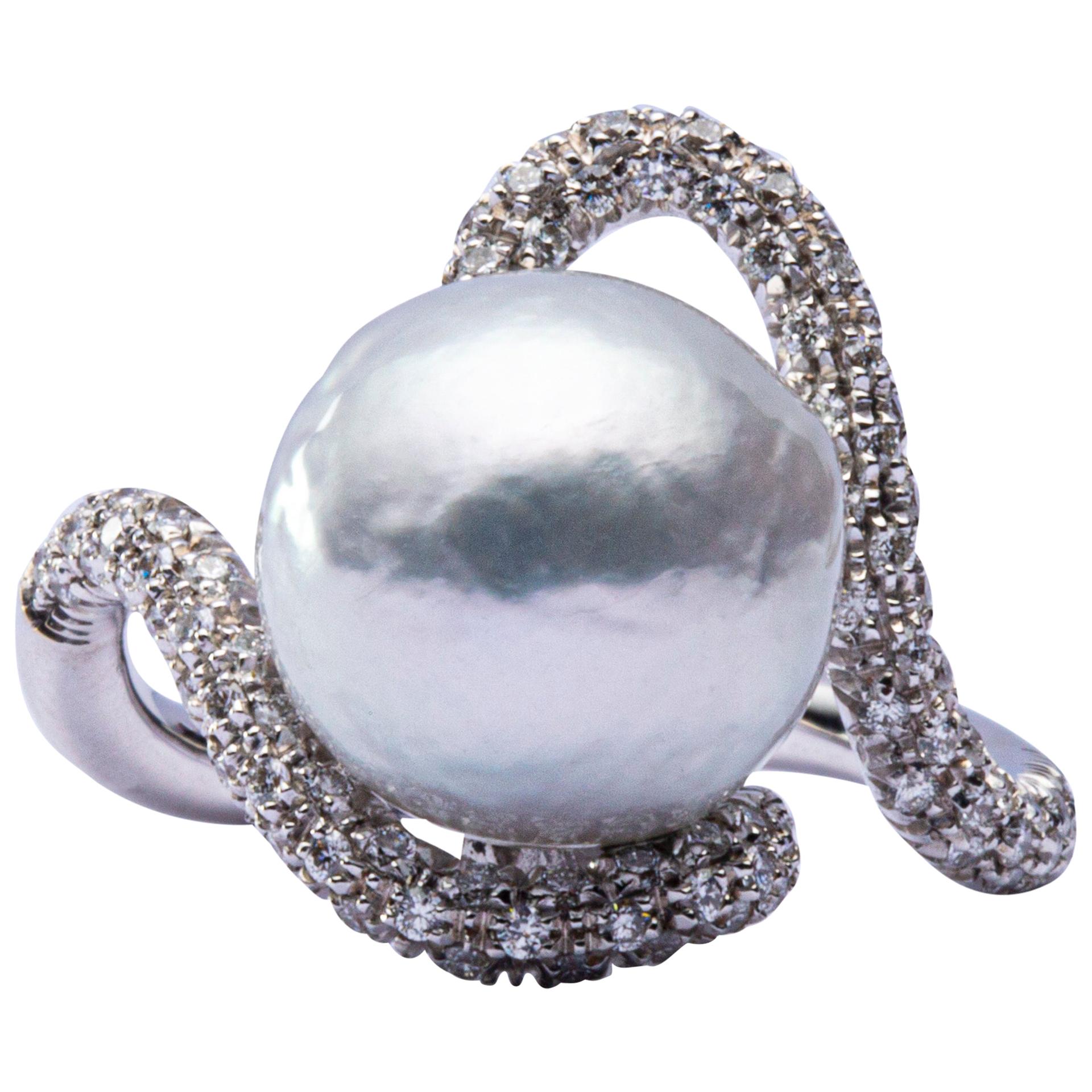 Jona Baroque South Sea Pearl White Diamond 18 Karat White Gold Ring