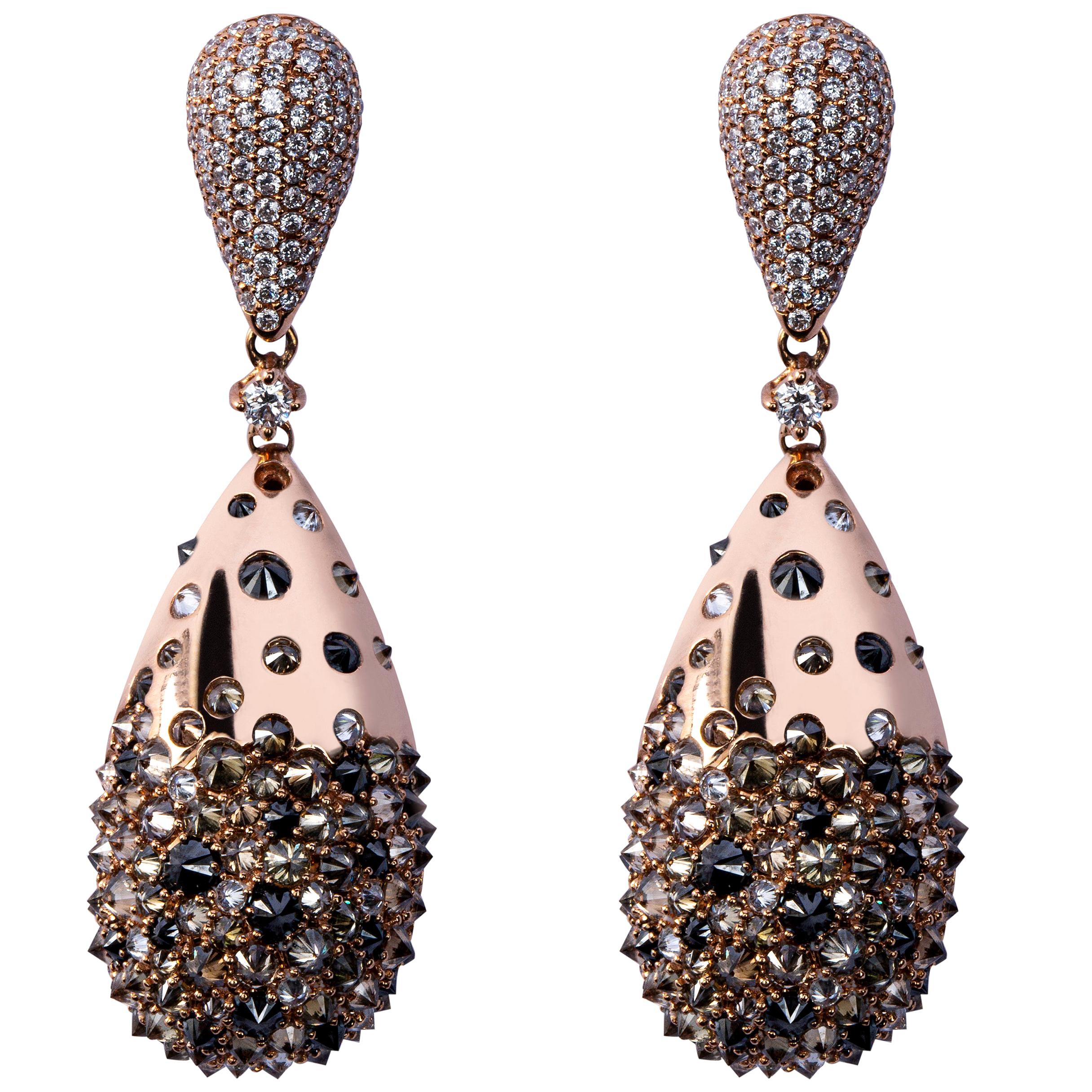 Jona Black Brown and White Diamond 18 Karat Rose Gold Drop Earrings