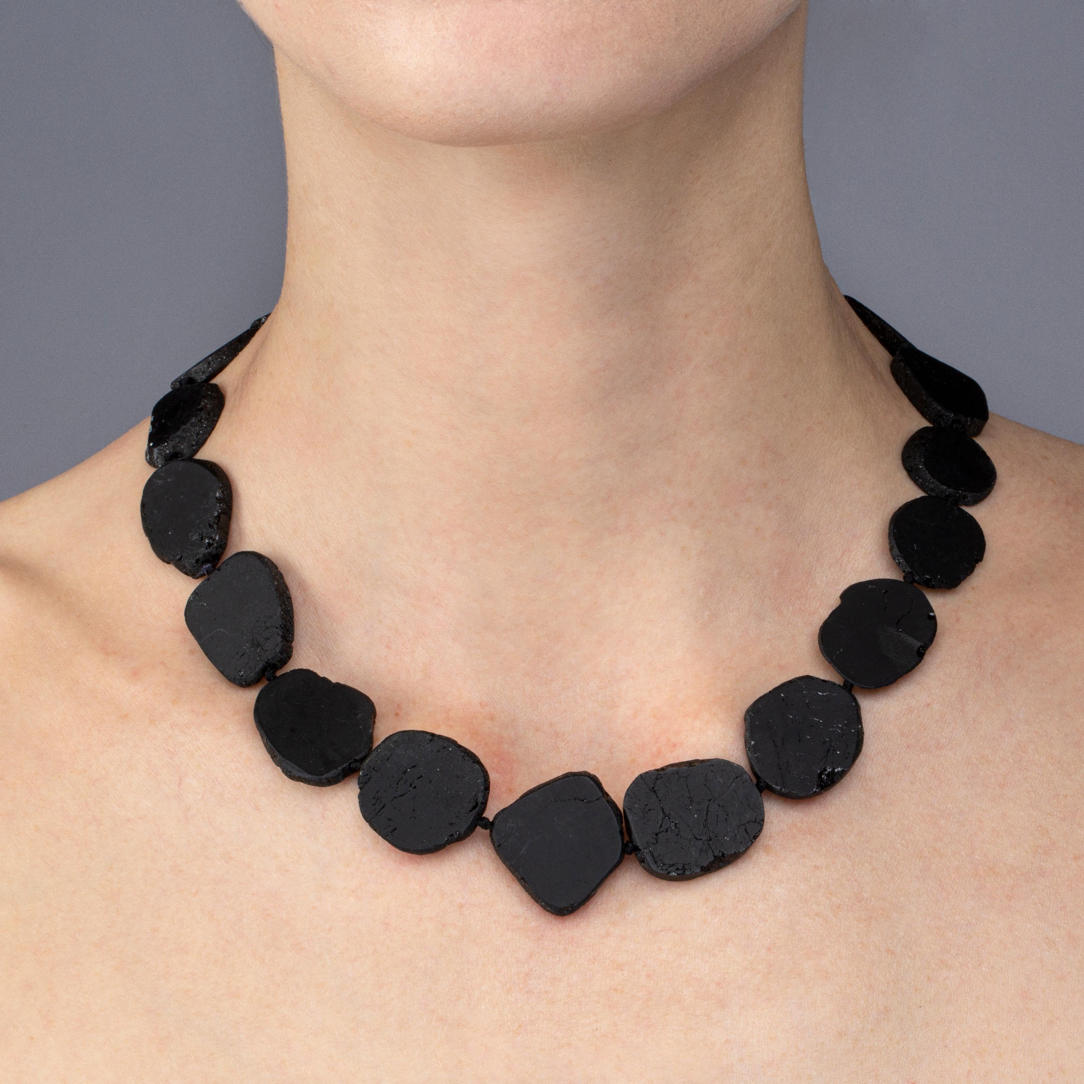 Jona design collection black tourmaline necklace with brushed sterling silver clasp. 
Dimensions: L x 18.89 in., W x 1.14 in. / L x 48 cm, W x 2.9 cm
All Jona jewelry is new and has never been previously owned or worn. Each item will arrive at your