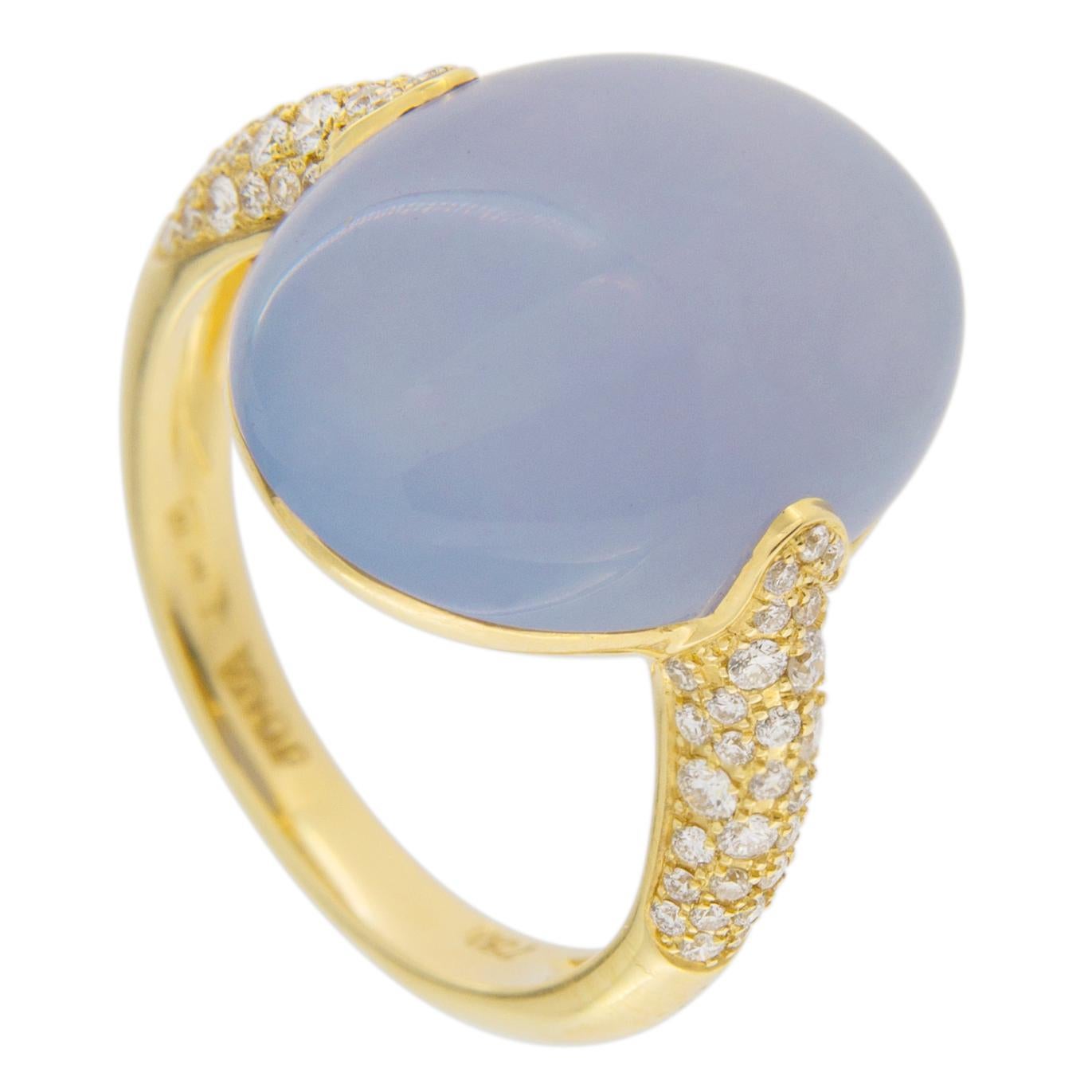 Cabochon Alex Jona Blue Chalcedony White Diamond 18 Karat Yellow Gold Ring