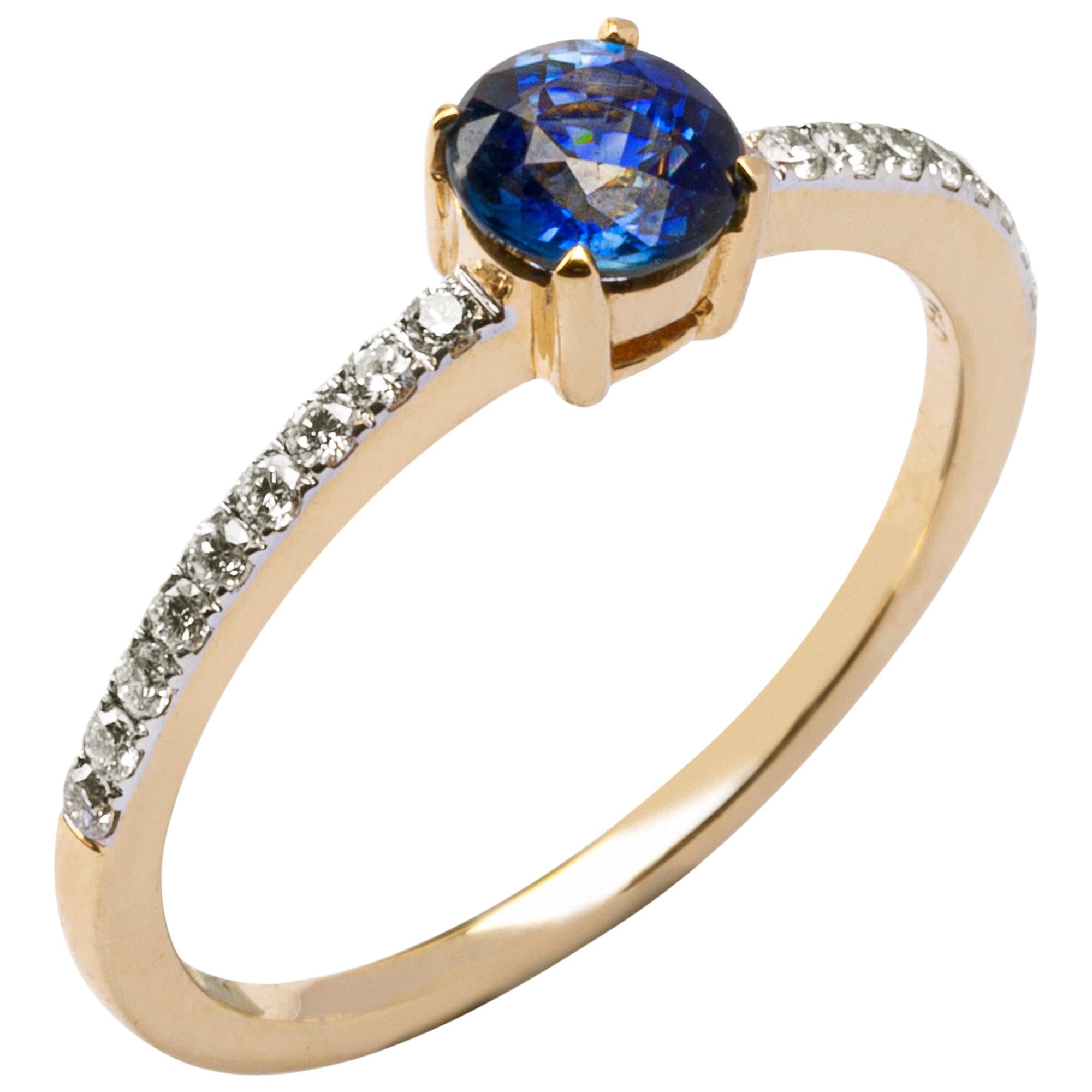 Jona Blue Sapphire White Diamond 18 Karat Yellow Gold Solitaire Ring