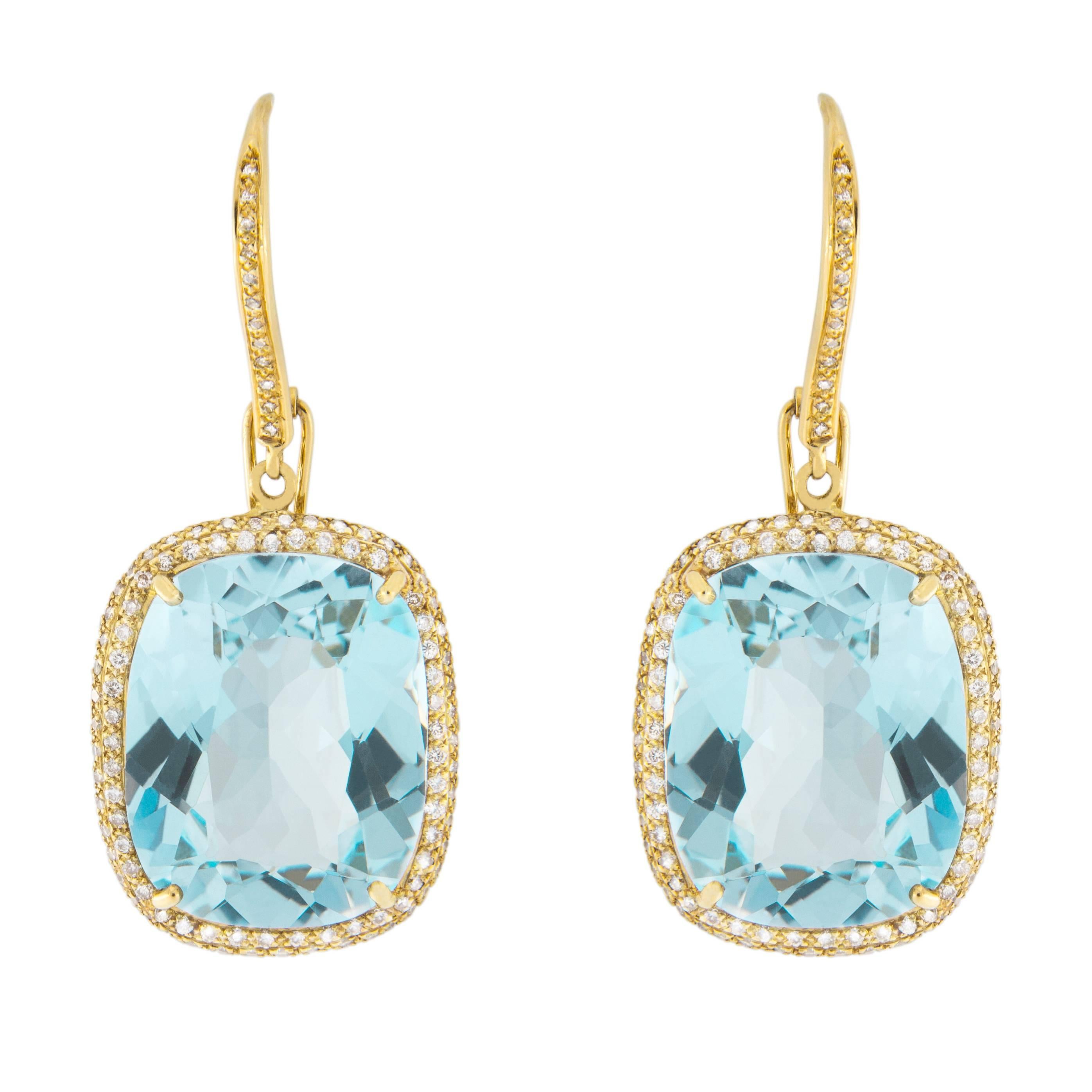 Jona Blue Topaz White Diamond 18 Karat Yellow Gold Pendant Earrings