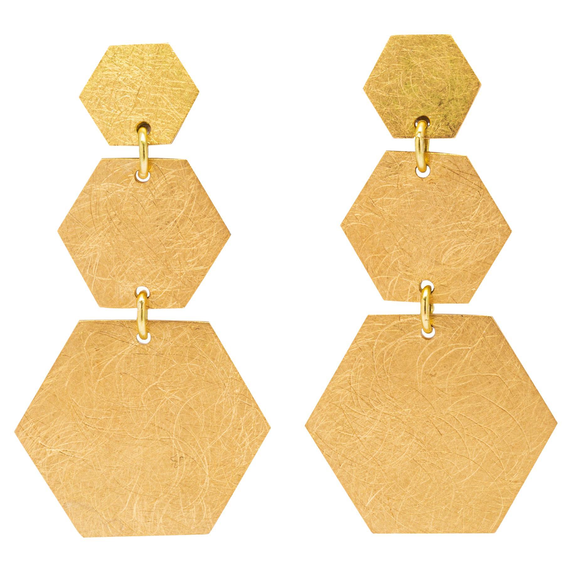 Alex Jona Brushed 18 Karat Yellow Gold Hexagonal Pendant Earrings