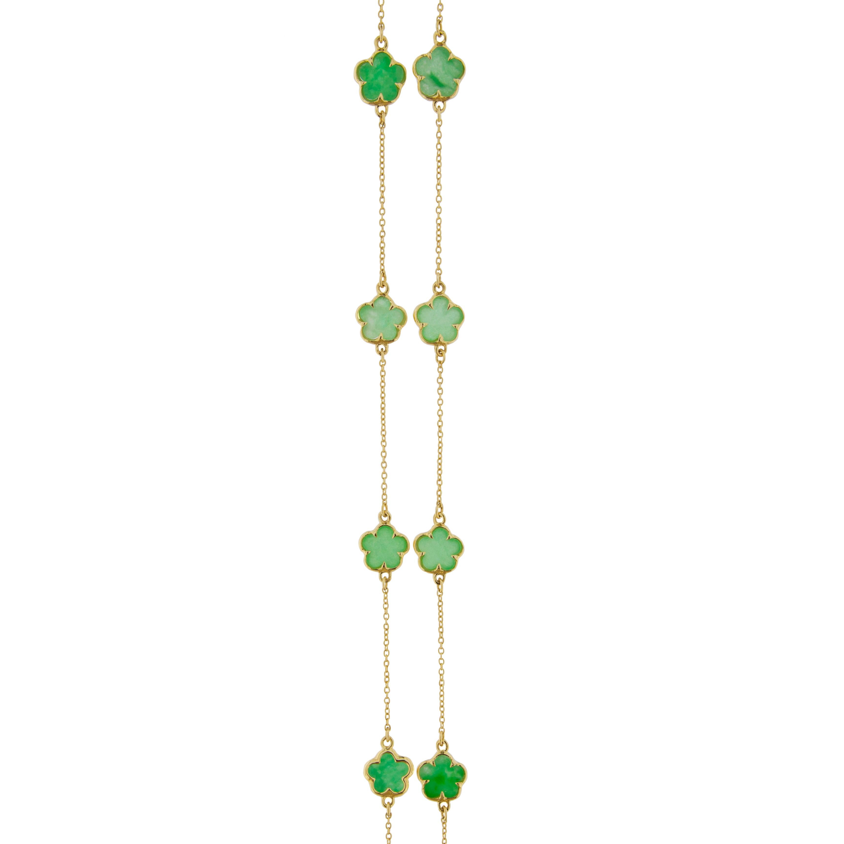 Jona design collection, hand crafted in Italy, 18 karat yellow gold chain necklace  alternating Burmese Jade flowers. Length: 35.43 in / 90 cm 
All Jona jewelry is new and has never been previously owned or worn. Each item will arrive at your door