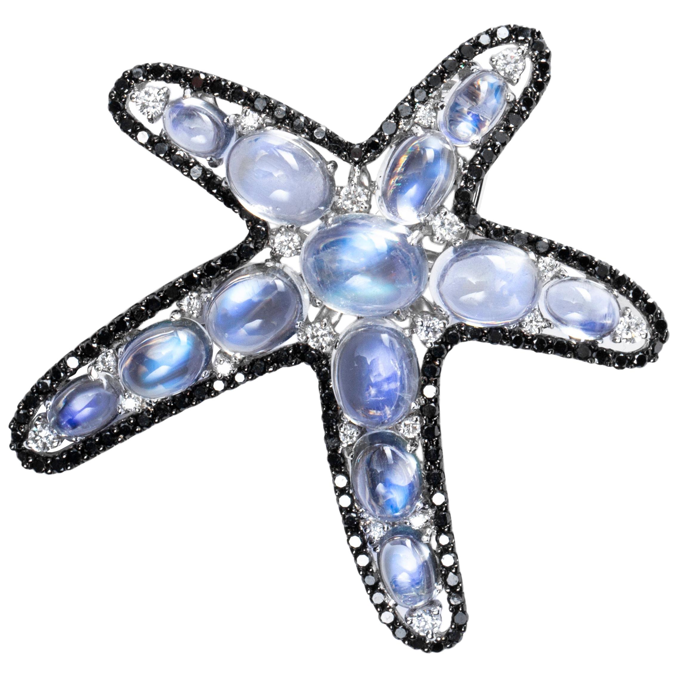 Alex Jona Burmese Moonstone White Black Diamond 18 Karat Gold Starfish Brooch