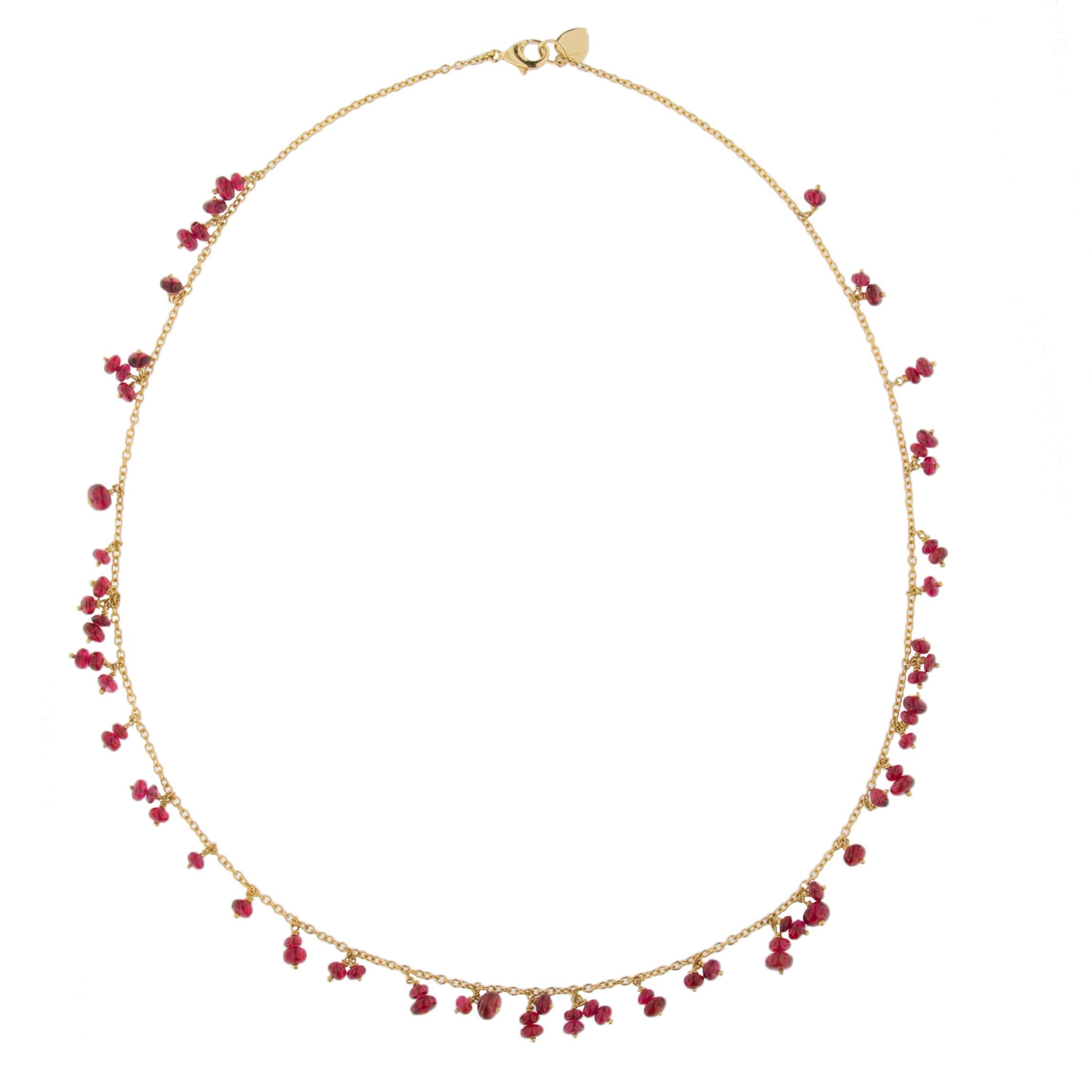 Jona design collection, hand crafted in Italy, 18 karat yellow gold chain necklace, featuring 22.10 carats of Burmese Red Spinels, cabochon beads.  
Dimension: L 17.71 in/ 45 cm X D 0.18 in/ 4,6 mm
All Jona jewelry is new and has never been