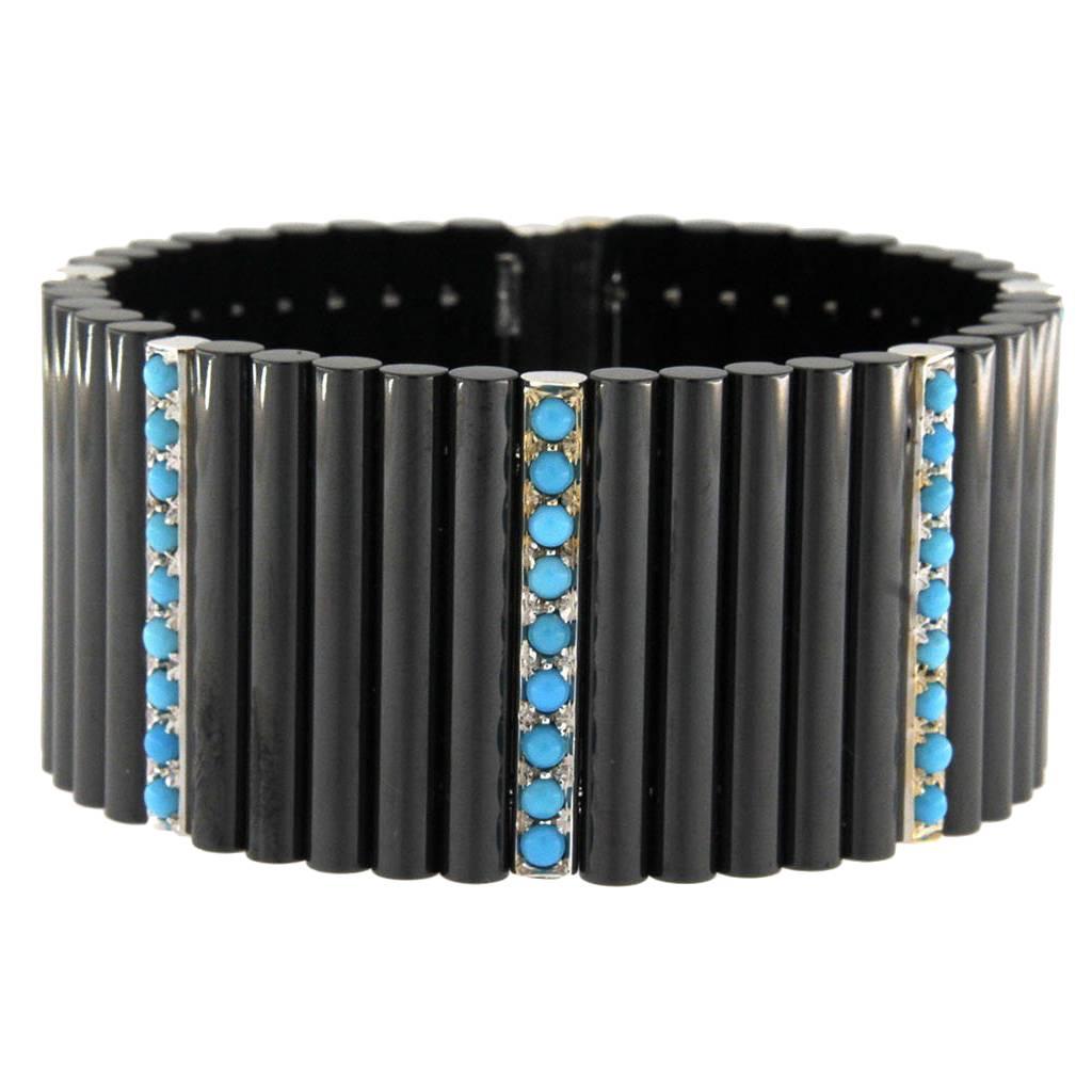 Alex Jona Ceramic Turquoise White Gold Cuff Flexible Bangle Bracelet