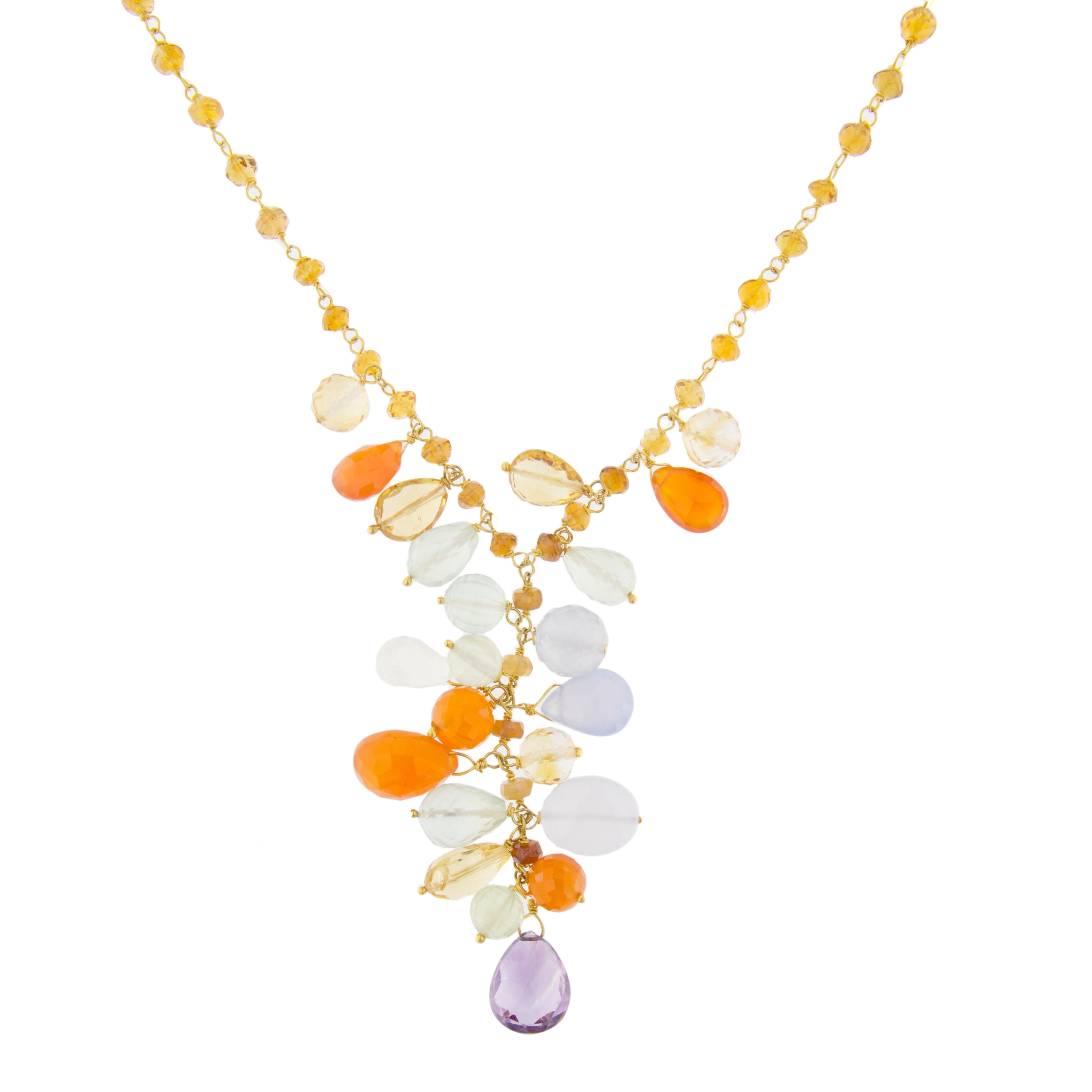 Jona design collection, hand crafted in Italy, 18 karat yellow gold necklace featuring 89,50 carats of briolette cut Amethyst, Chalcedony, Carnelian and Citrine.

All Jona jewelry is new and has never been previously owned or worn. Each item will