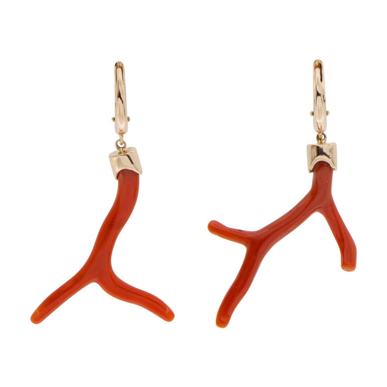 Alex Jona Coral Branch 18 Karat Yellow Gold Dangle Pendant Earrings For Sale