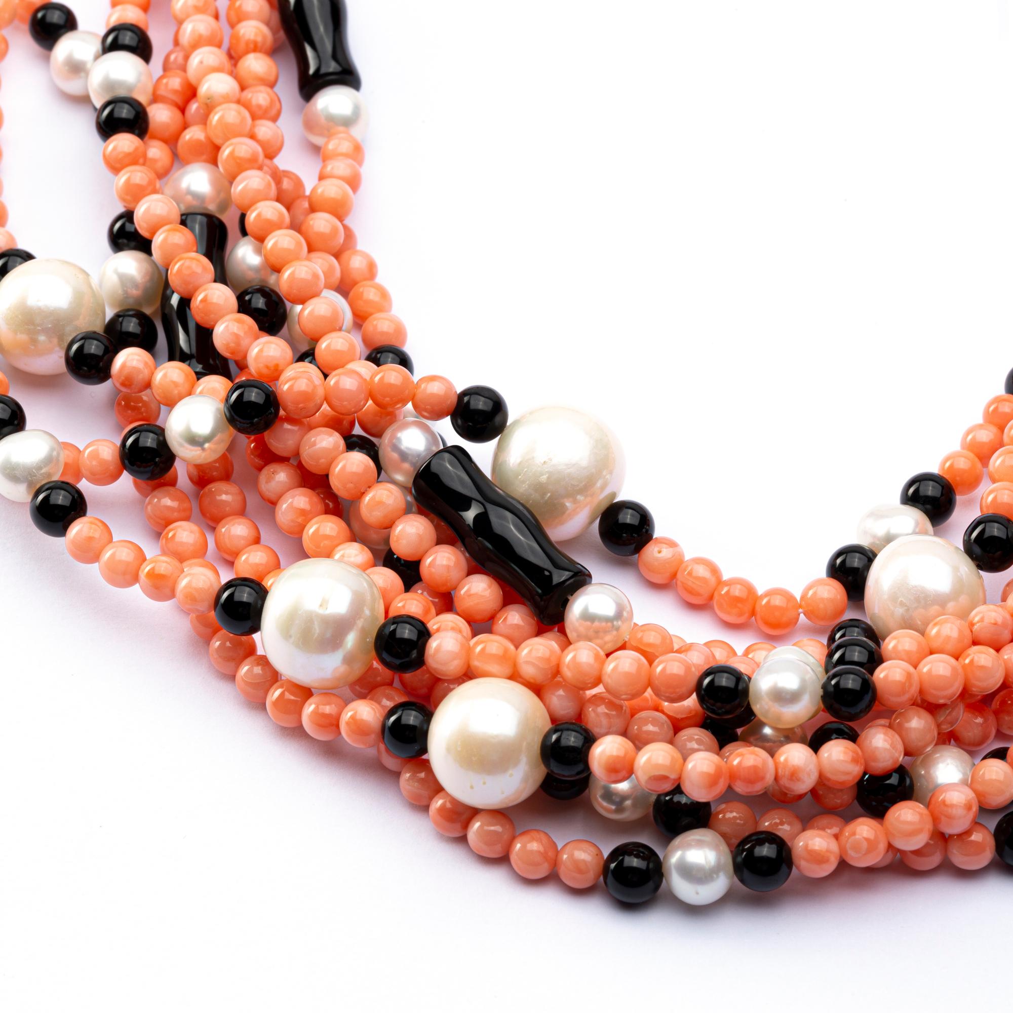 Round Cut Alex Jona Coral Pearl Onyx Multi Strand Necklace For Sale