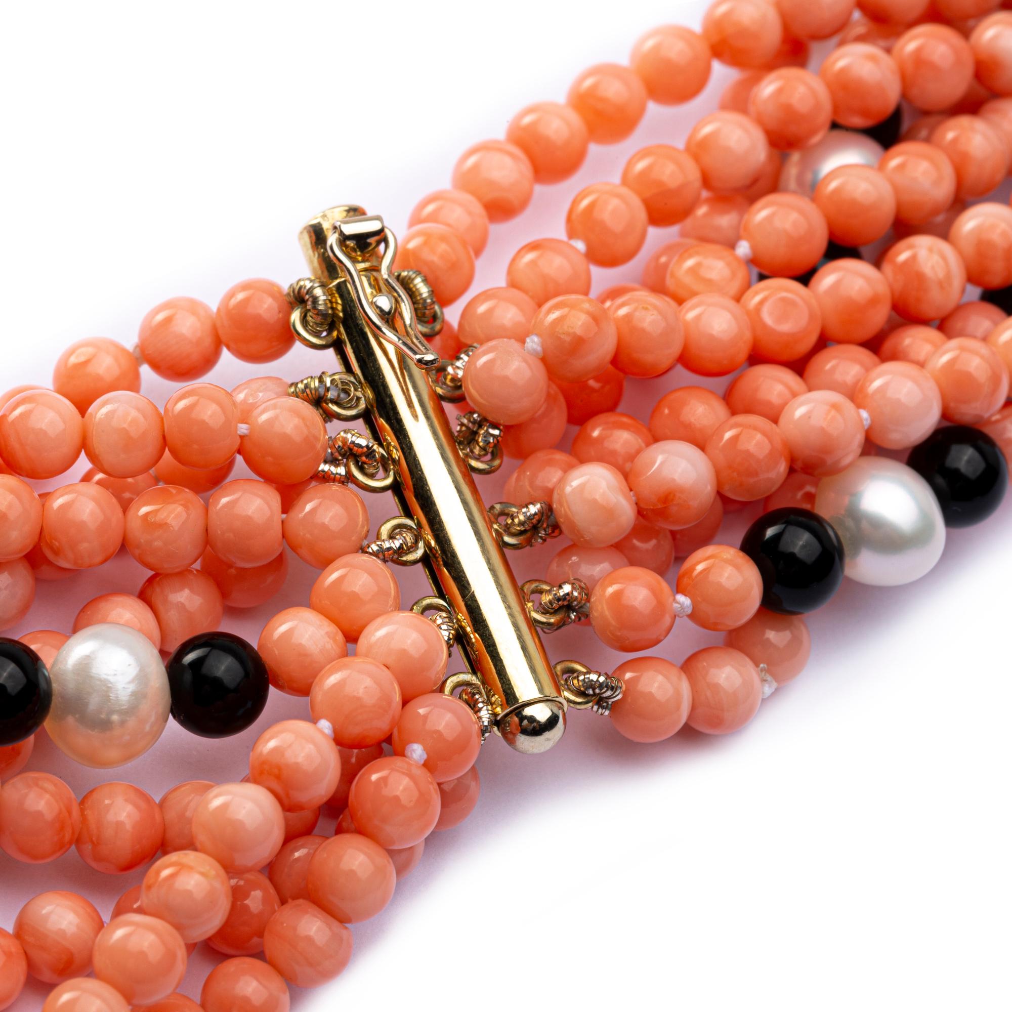 Alex Jona Coral Pearl Onyx Multi Strand Necklace In New Condition For Sale In Torino, IT