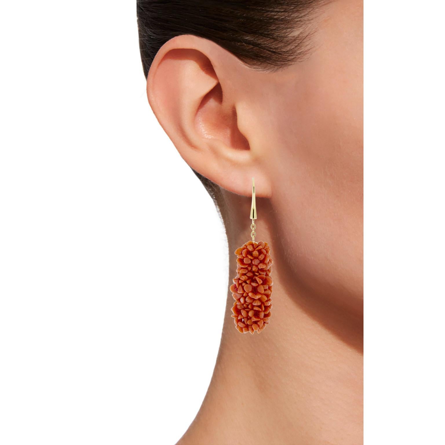 Jona design collection, hand crafted in Italy, 18 karat yellow gold dangle coral pendant earrings. 
Dimension : L 2.34 in x Diameter 0.60 in - L 5.9 cm x Diameter 15.37 mm
All Jona jewelry is new and has never been previously owned or worn. Each