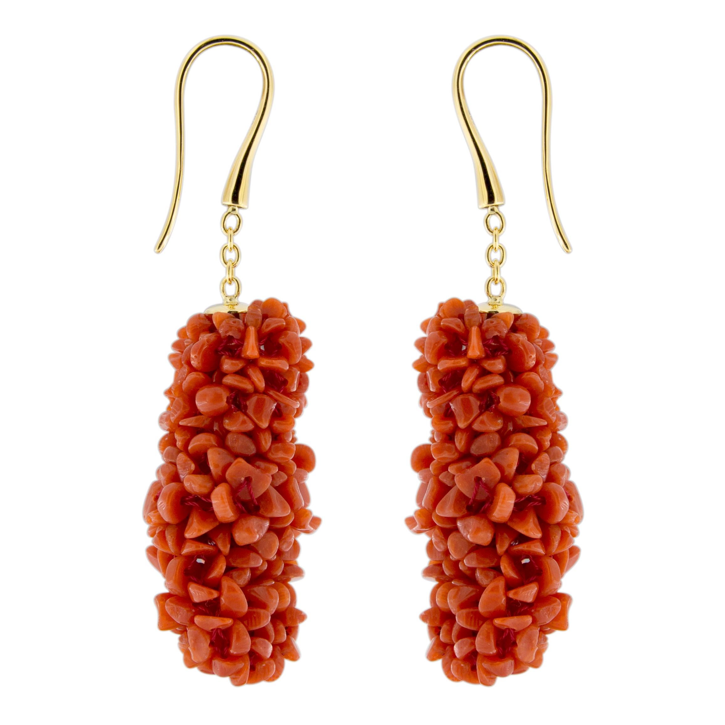Jona Coral Pompon 18 Karat Yellow Gold Dangle Pendant Earrings In New Condition In Torino, IT