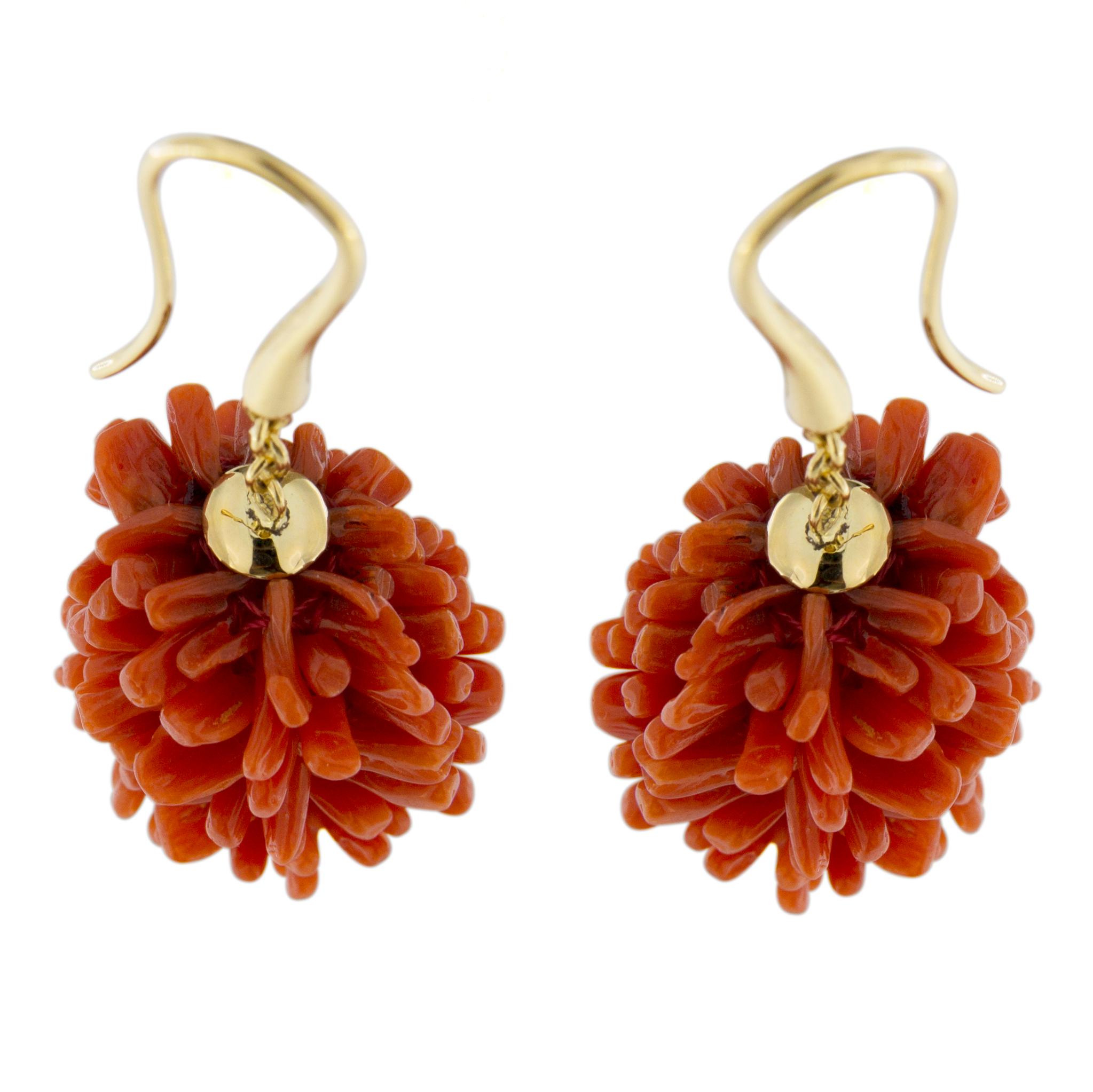 Women's Jona Coral Pompon 18 Karat Yellow Gold Dangle Pendant Earrings