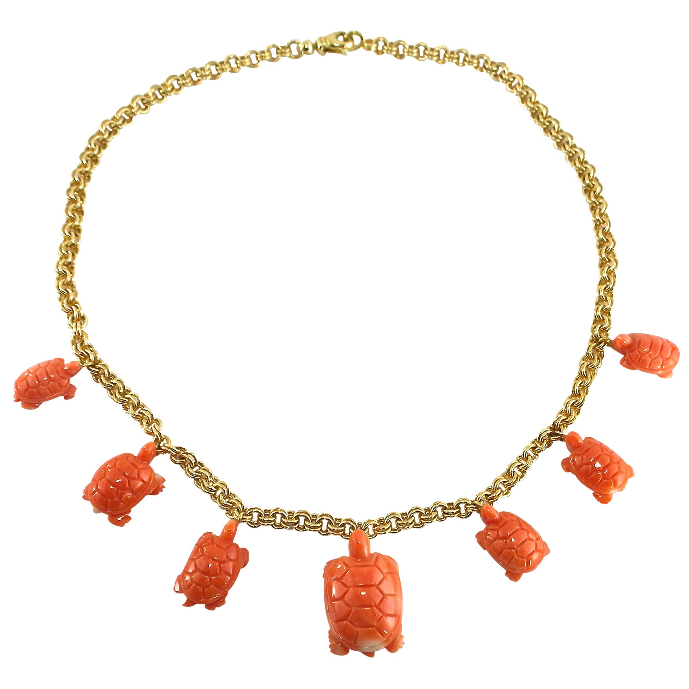 Alex Jona Coral Turtle Charm 18 Karat Yellow Gold Chain Necklace For Sale