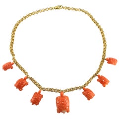 Alex Jona Coral Turtle Charm 18 Karat Yellow Gold Chain Necklace