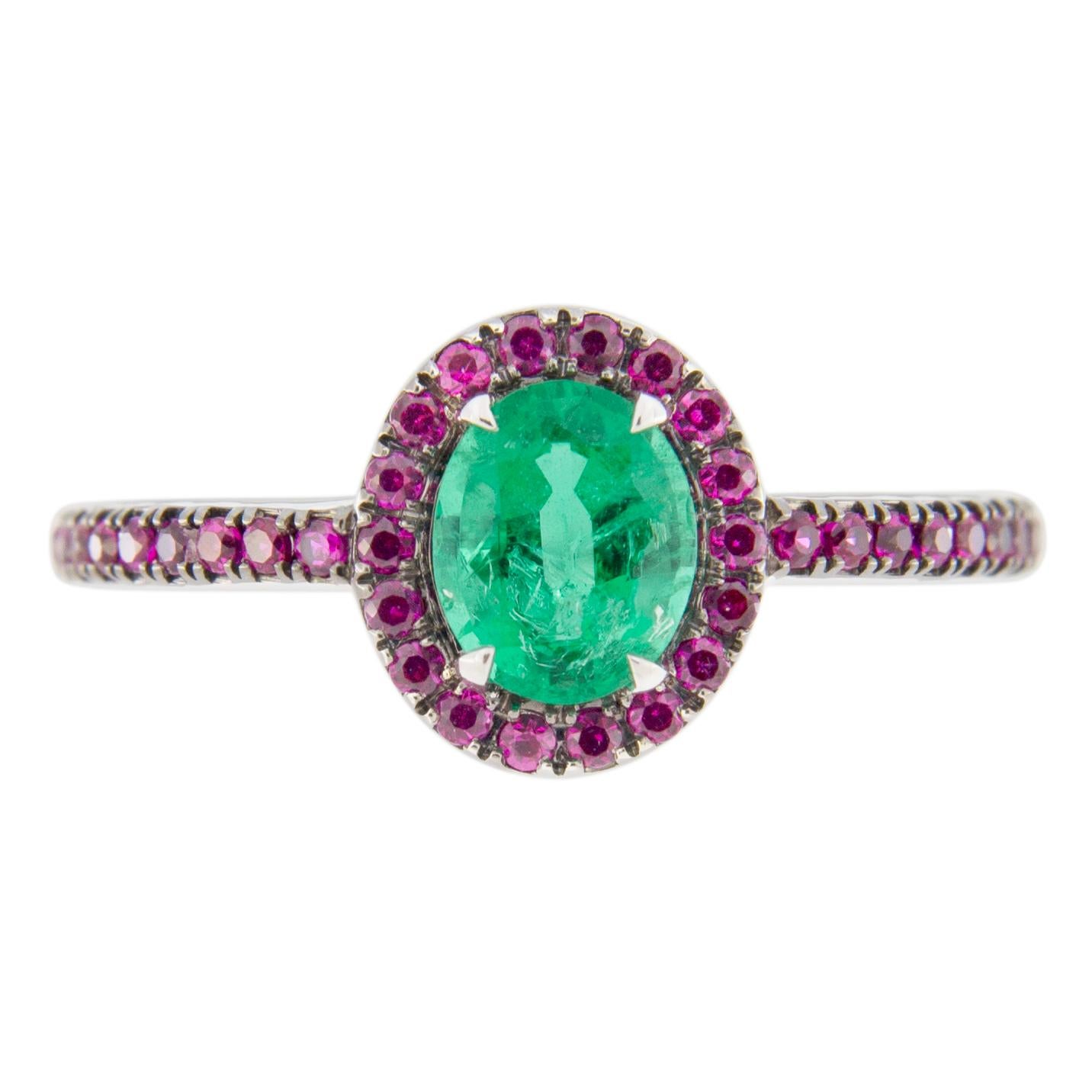 Jona Emerald and Ruby 18 Karat White Gold Solitaire Ring In New Condition In Torino, IT