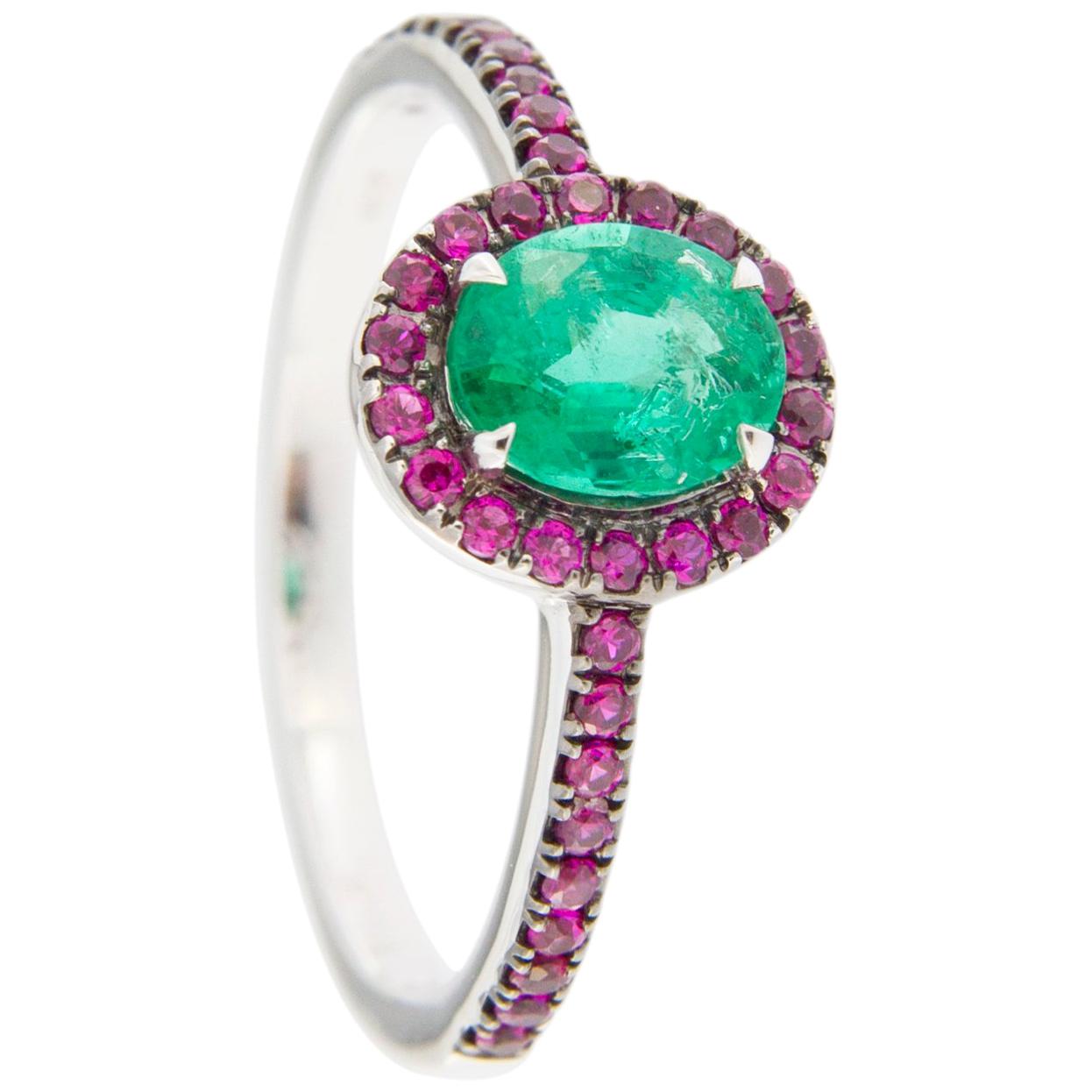 Jona Emerald and Ruby 18 Karat White Gold Solitaire Ring In New Condition In Torino, IT