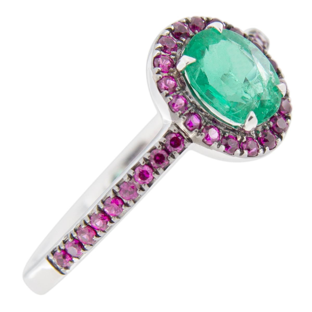 Women's or Men's Jona Emerald and Ruby 18 Karat White Gold Solitaire Ring