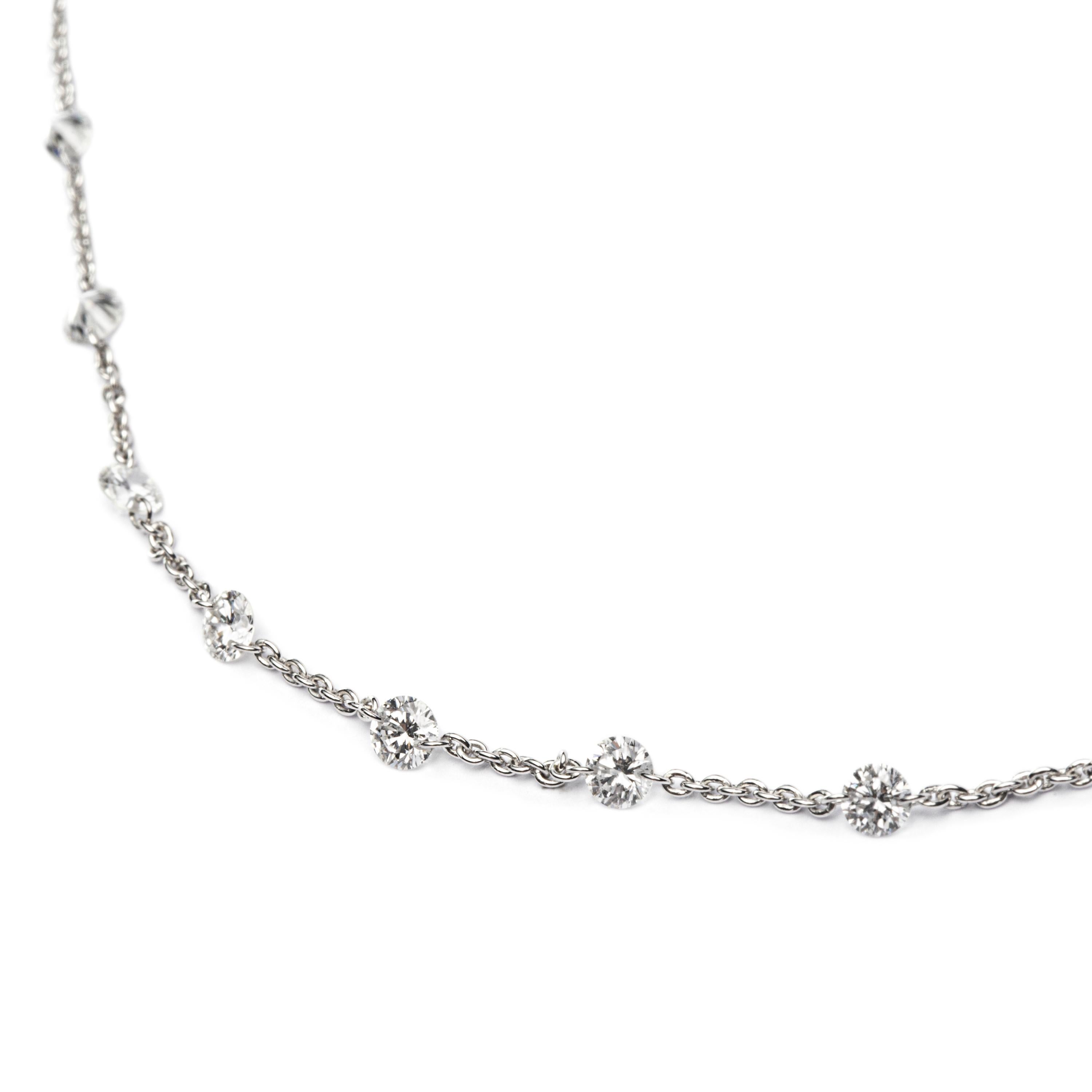 Jona design collection, hand crafted in Italy, 18 karat white gold necklace featuring 25 round cut drilled white diamonds weighing 2.15 carats in total, G color, VS2 clarity.  
Chain Length: 45 cm / 17. 71 in.
All Jona jewelry is new and has never