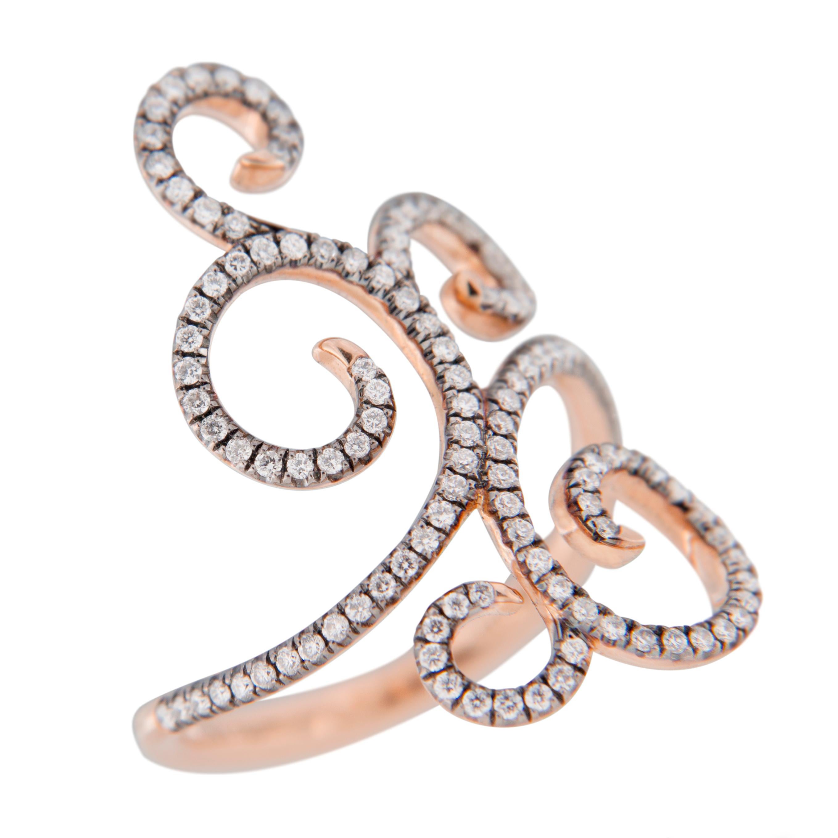 Jona design collection, hand crafted in Italy,  18 karat rose gold diamond Ghirigori ring, set with 120 diamonds,  F color/VVS1 clarity, for a total 0.36 carats with black rhodium setting.Ring size 6.5 US.
Also available in white gold.
All Jona