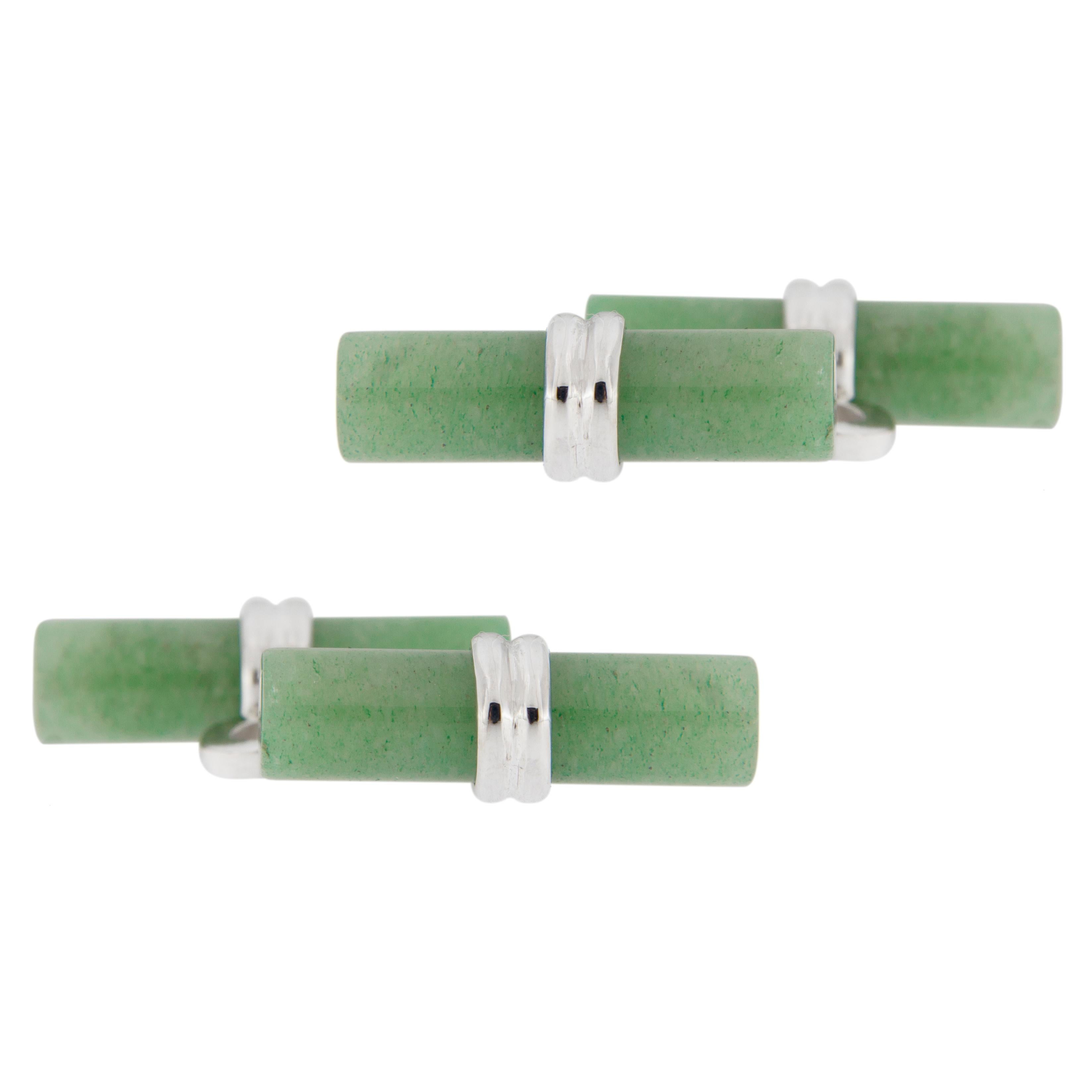 Jona design collection Green Aventurine cylinder cufflinks mounted in 925/°°° sterling silver Rhodium Plated. Marked JONA 925.
Measurements: L 0.76 in/ 19.2mm x W 0.20 in / 5.4mm (each cylinder). 
All Jona jewelry is new and has never been