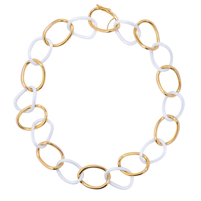 Contemporary Alex Jona High Tech White Ceramic 18 Karat Gold Curb Link Necklace For Sale