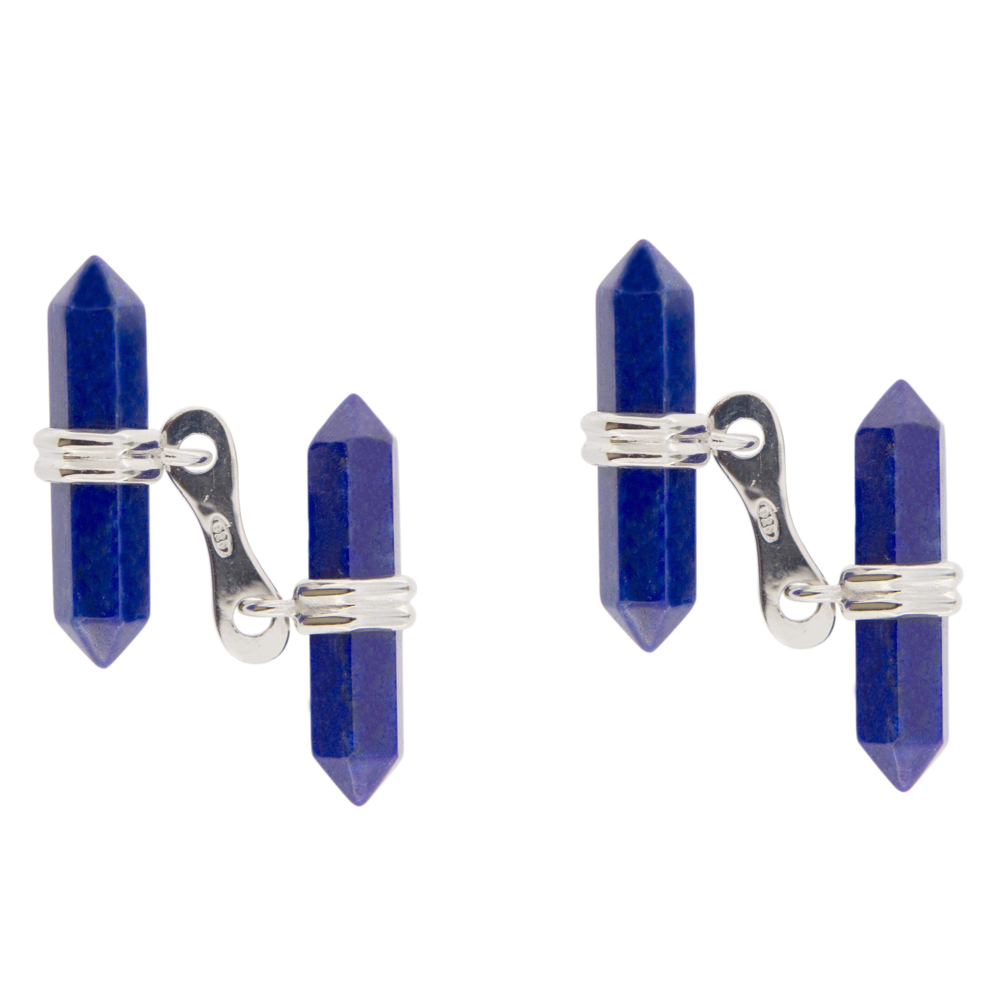 Mixed Cut Jona Lapis Lazuli Prism Bar Sterling Silver Cufflinks