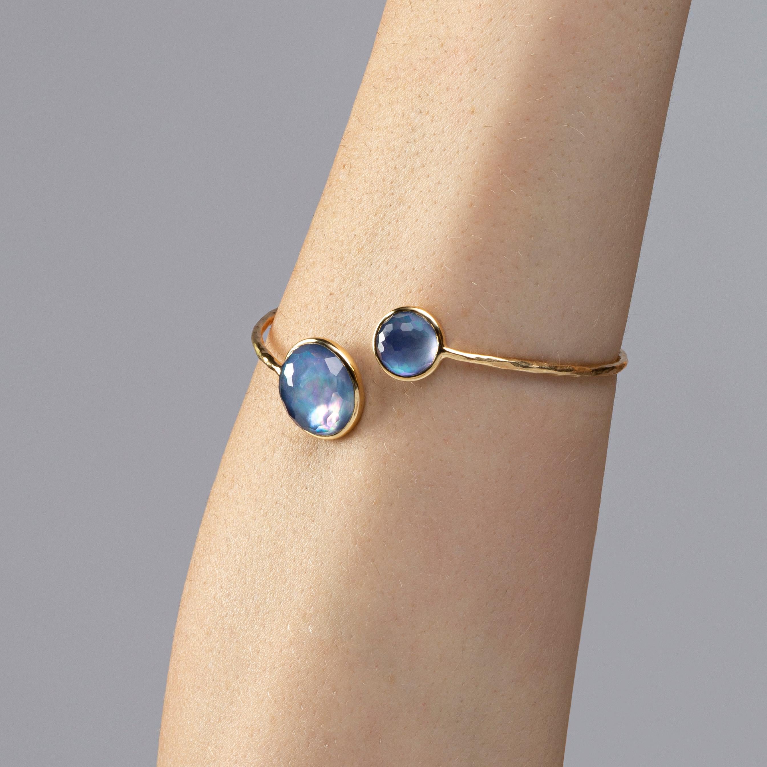 Alex Jona design collection, hand crafted in Italy, 18 Karat rose gold, crazy cut rock crystal over lapis lazuli bangle bracelet, weighing 12.35 carats in total. Can be sized to any specification.
Dimensions:
Large stone diameter: 0.66