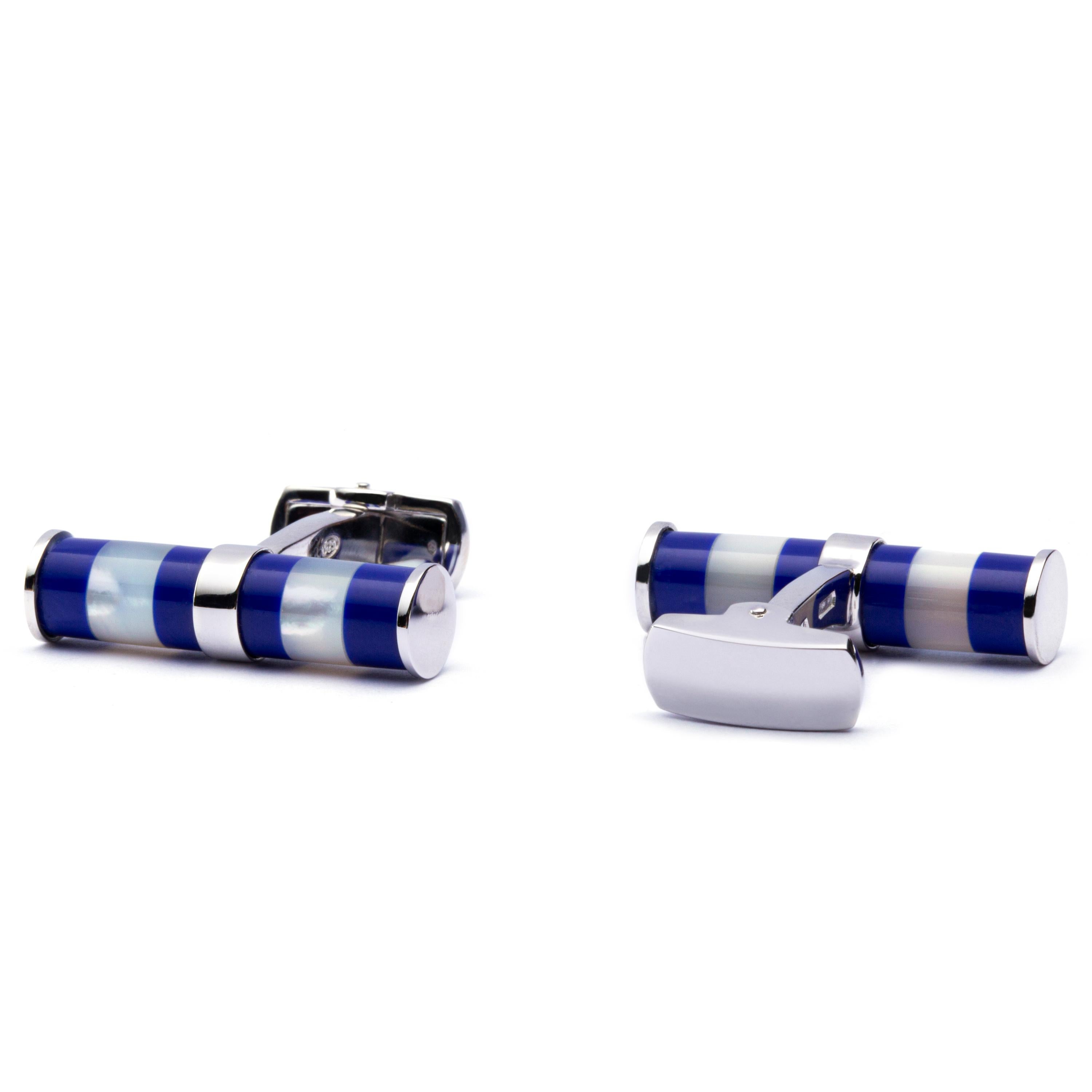 Jona Mother of Pearl Lapis Bar Sterling Silver Cufflinks In New Condition In Torino, IT