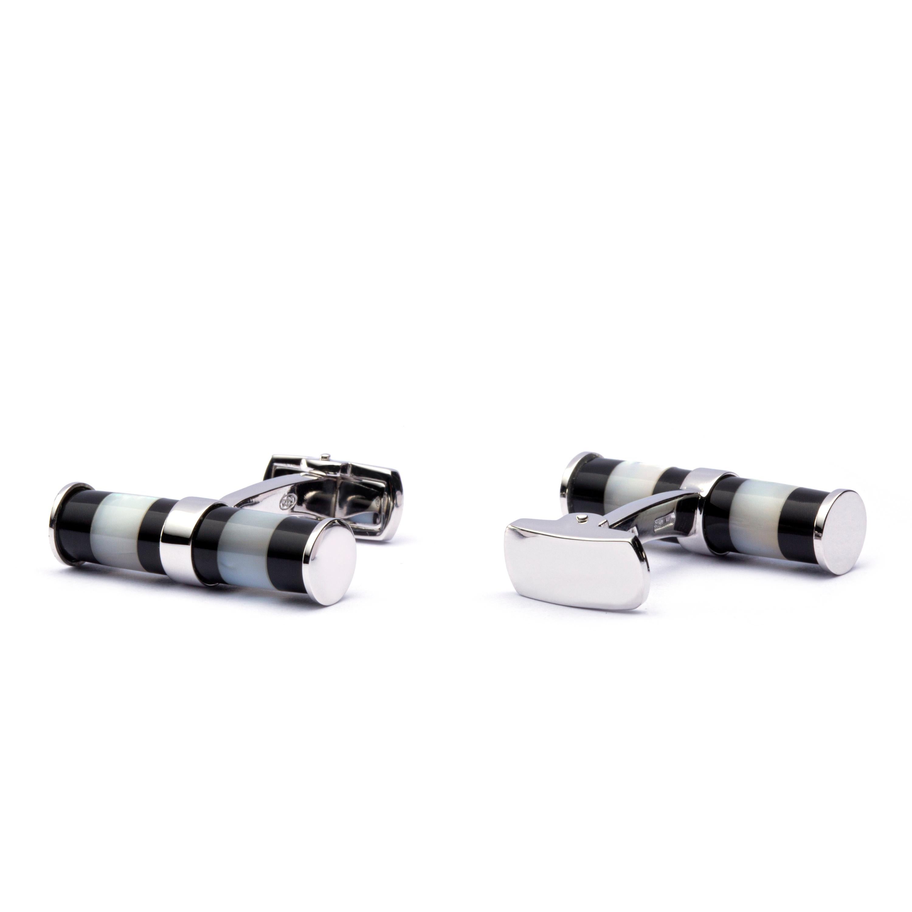 Jona Mother of Pearl Onyx Bar Sterling Silver Cufflinks In New Condition In Torino, IT