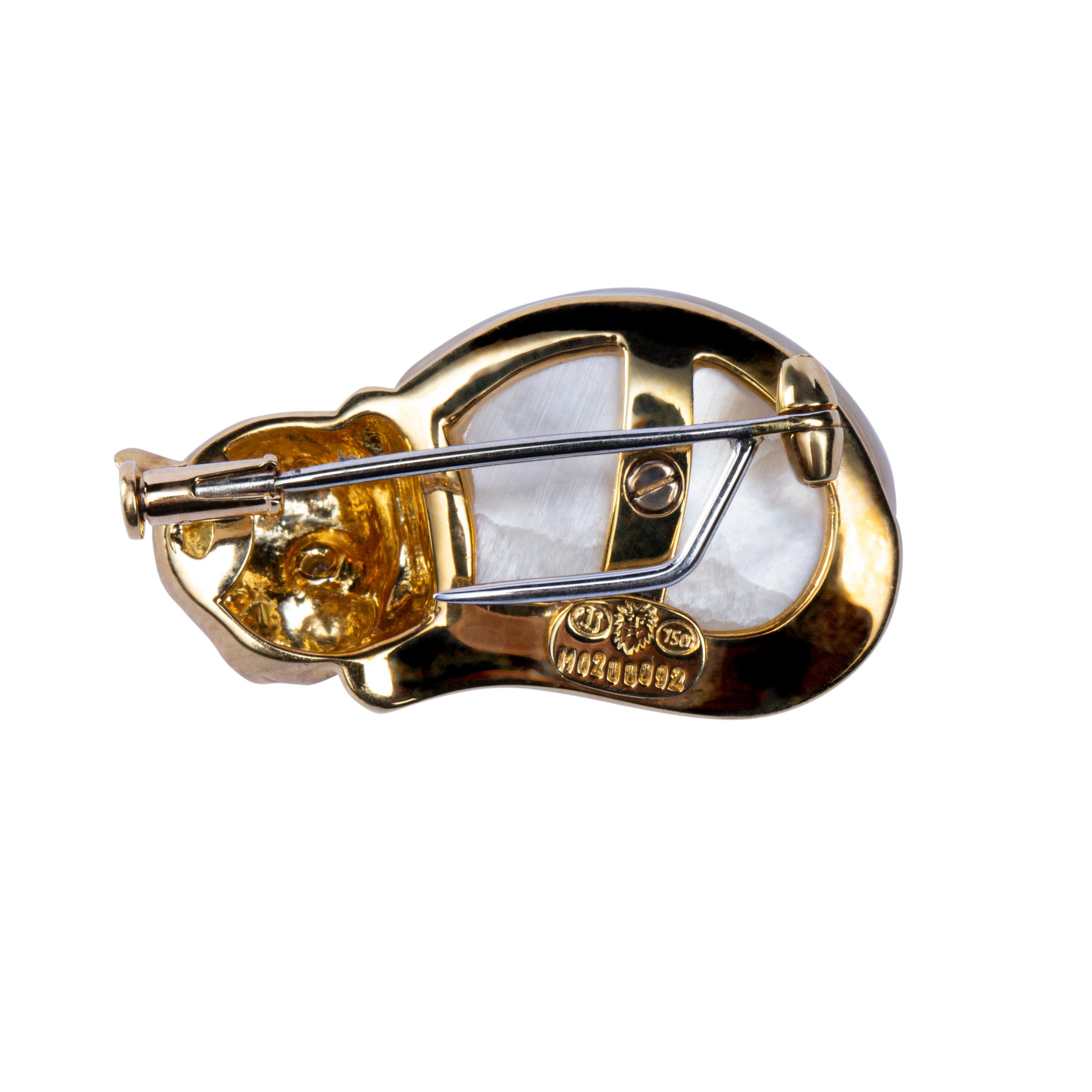 Jona Mother of Pearl White Diamond 18 Karat Yellow Gold Cat Brooch 1