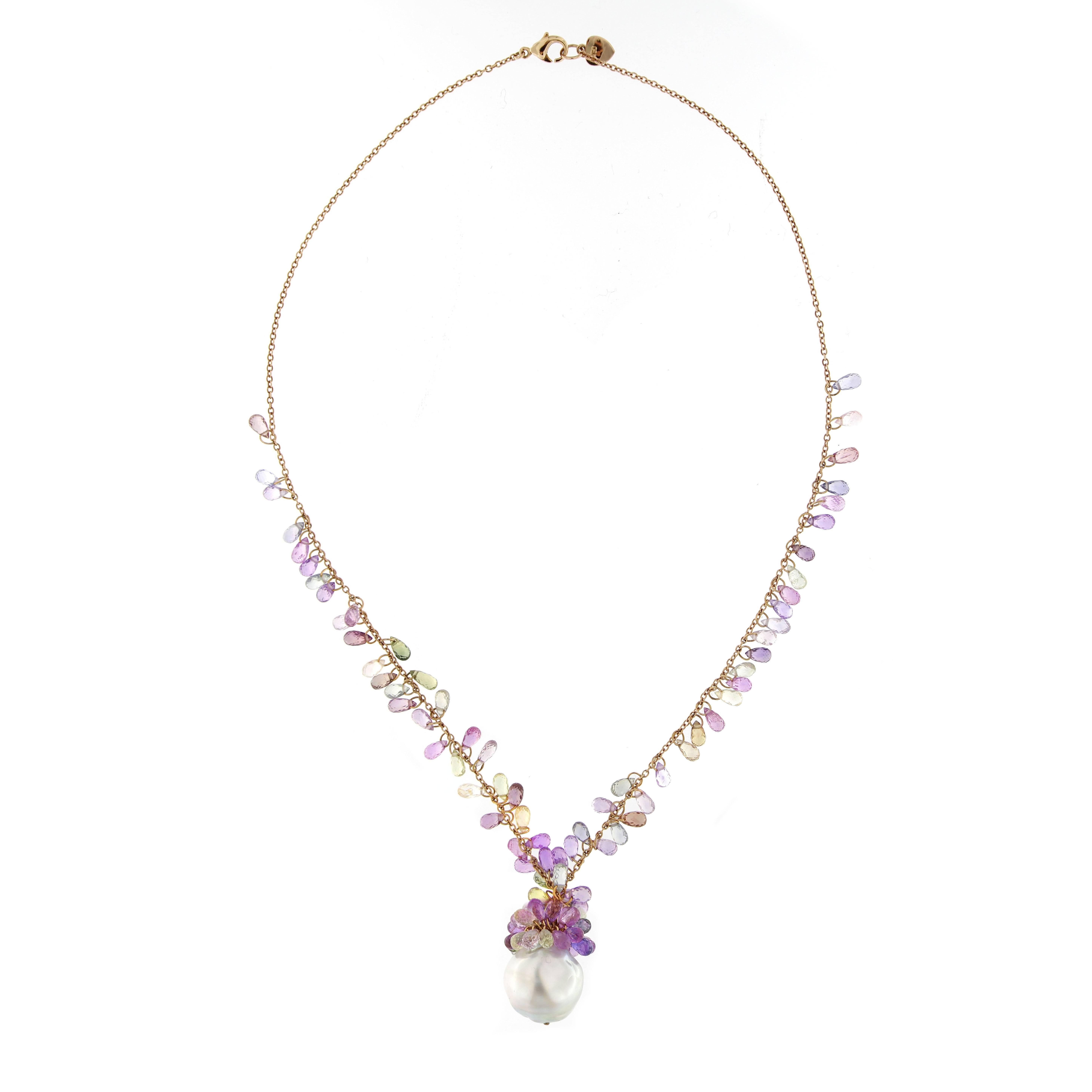 Pear Cut Alex Jona Multic. Sapphire South Sea Pearl Tassel 18Karat RoseGold Drop Necklace