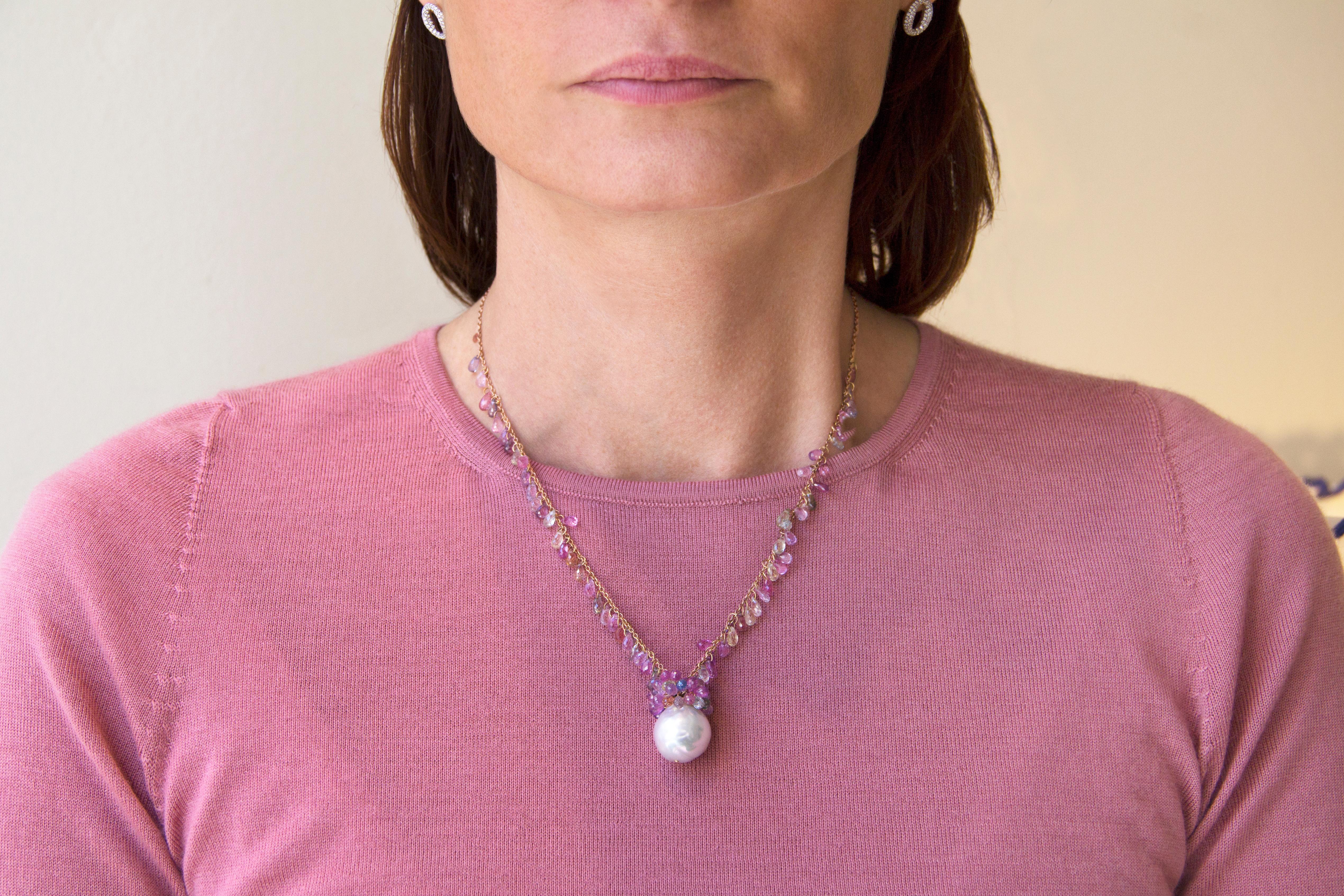 Alex Jona Multic. Sapphire South Sea Pearl Tassel 18Karat RoseGold Drop Necklace In New Condition In Torino, IT
