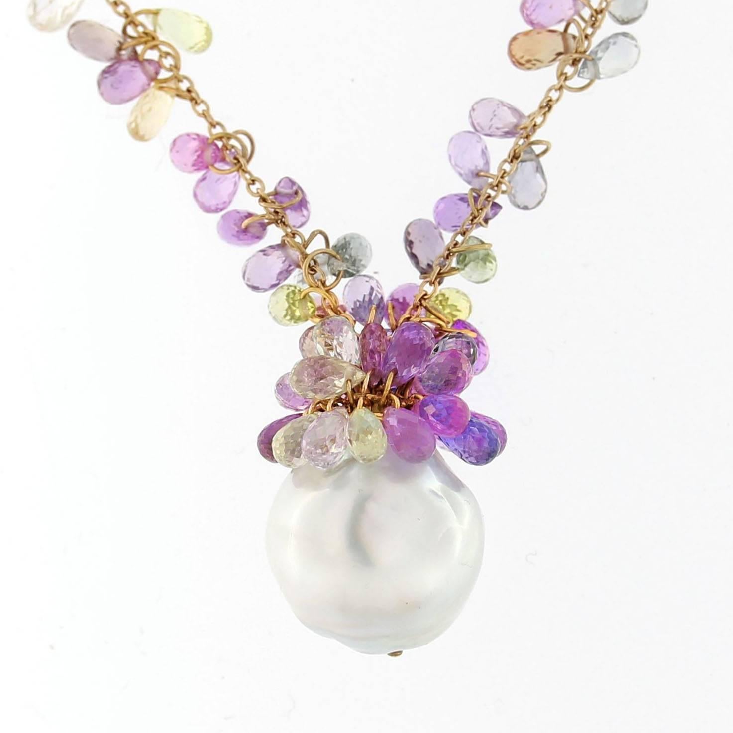 Women's Alex Jona Multic. Sapphire South Sea Pearl Tassel 18Karat RoseGold Drop Necklace