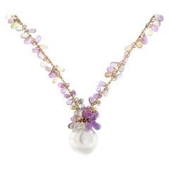 Alex Jona Multic. Sapphire South Sea Pearl Tassel 18Karat RoseGold Drop Necklace